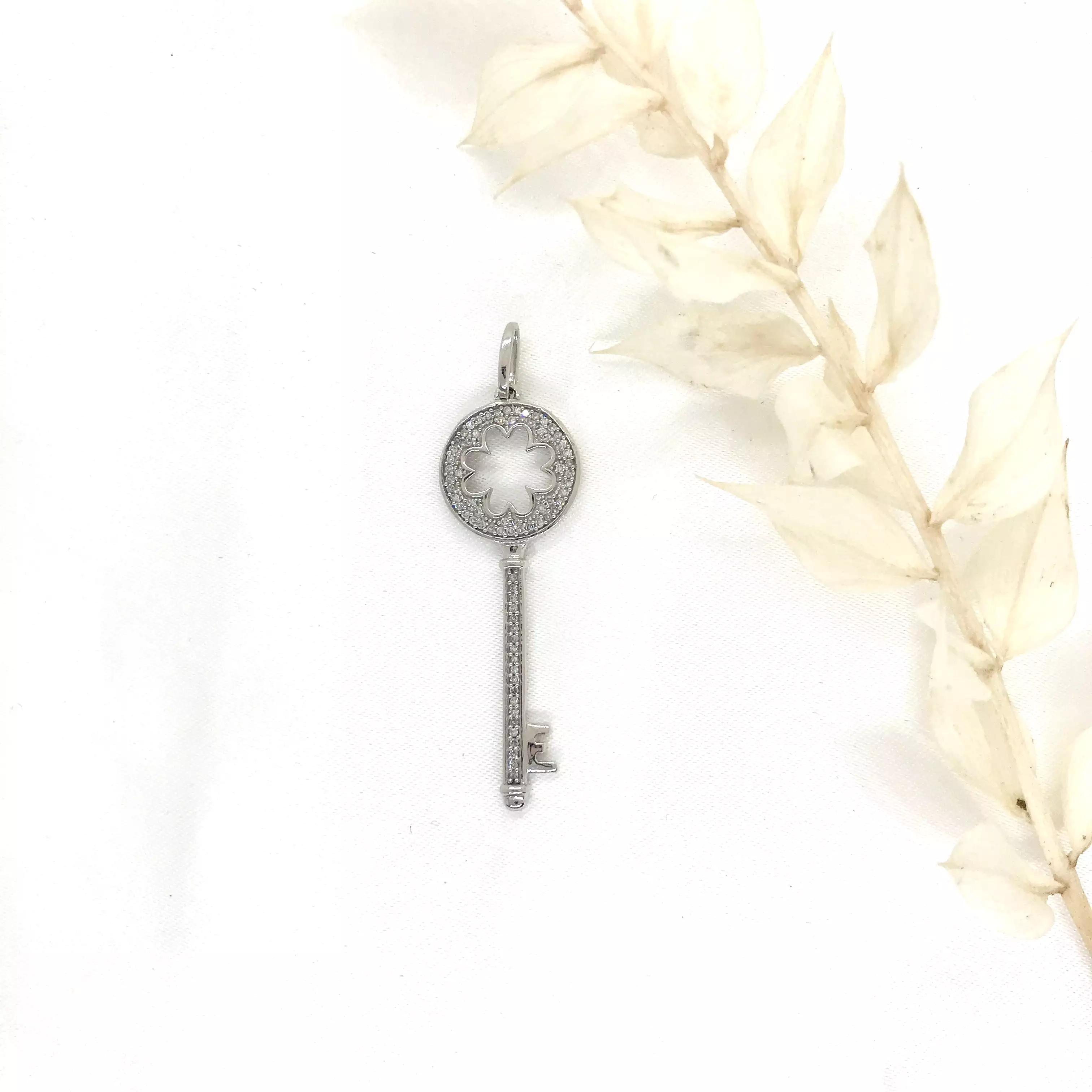 10k White Gold Diamond Key Pendant