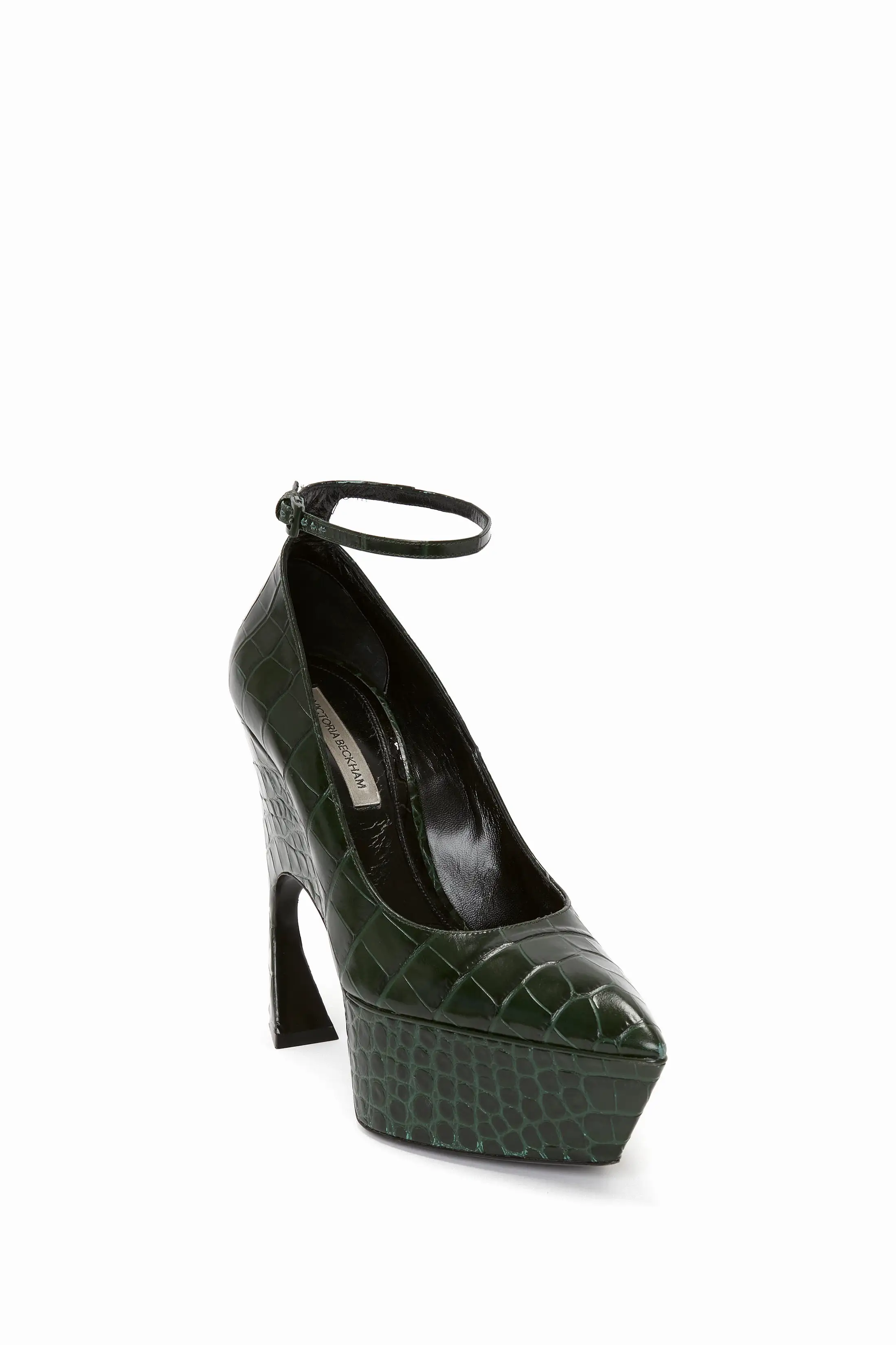 Ankle Strap Wedge Pump In Dark Green Croc-Effect Leather