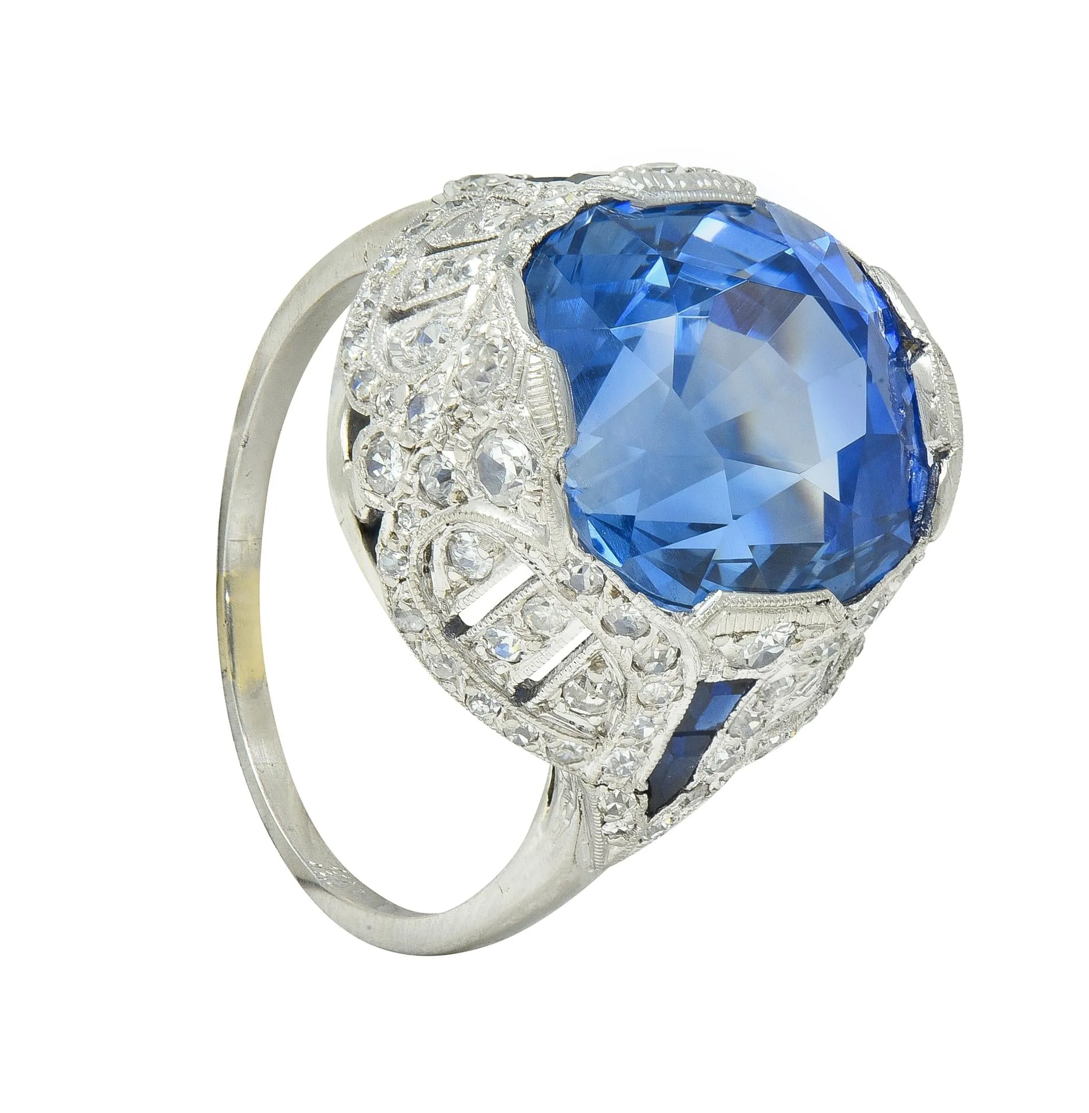 Art Deco 12.12 CTW No Heat Ceylon Sapphire Diamond Lotus Vintage Cocktail Ring AGL