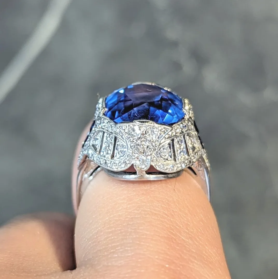 Art Deco 12.12 CTW No Heat Ceylon Sapphire Diamond Lotus Vintage Cocktail Ring AGL