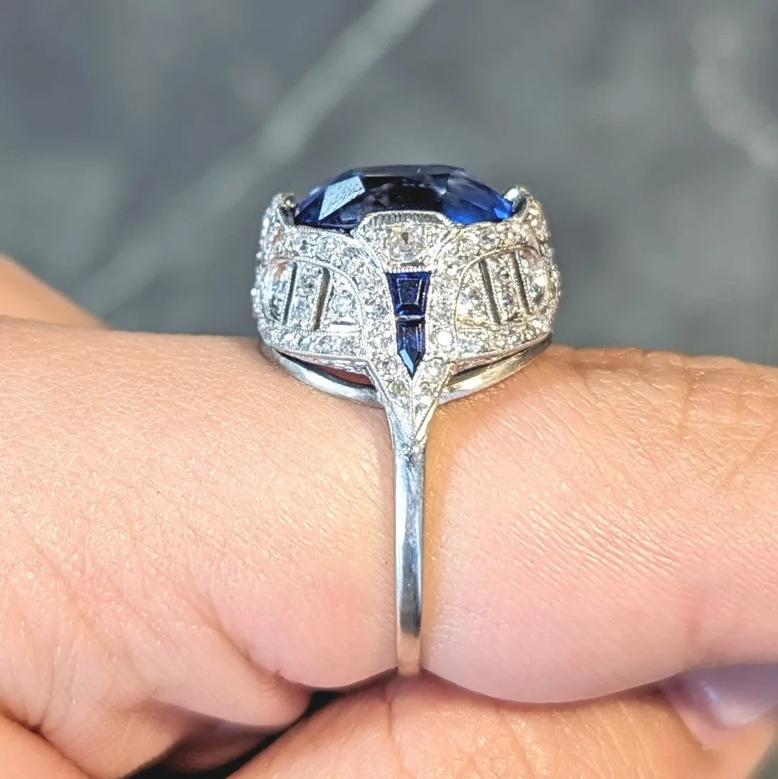 Art Deco 12.12 CTW No Heat Ceylon Sapphire Diamond Lotus Vintage Cocktail Ring AGL