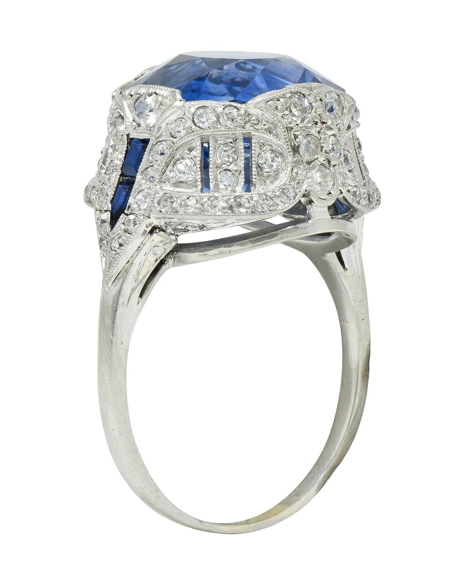 Art Deco 12.12 CTW No Heat Ceylon Sapphire Diamond Lotus Vintage Cocktail Ring AGL