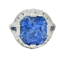 Art Deco 12.12 CTW No Heat Ceylon Sapphire Diamond Lotus Vintage Cocktail Ring AGL