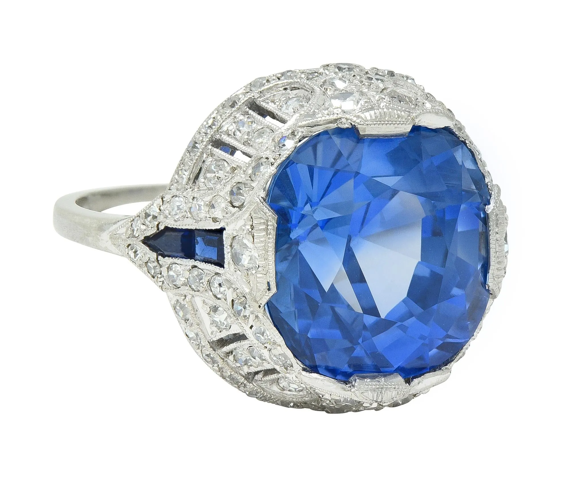 Art Deco 12.12 CTW No Heat Ceylon Sapphire Diamond Lotus Vintage Cocktail Ring AGL