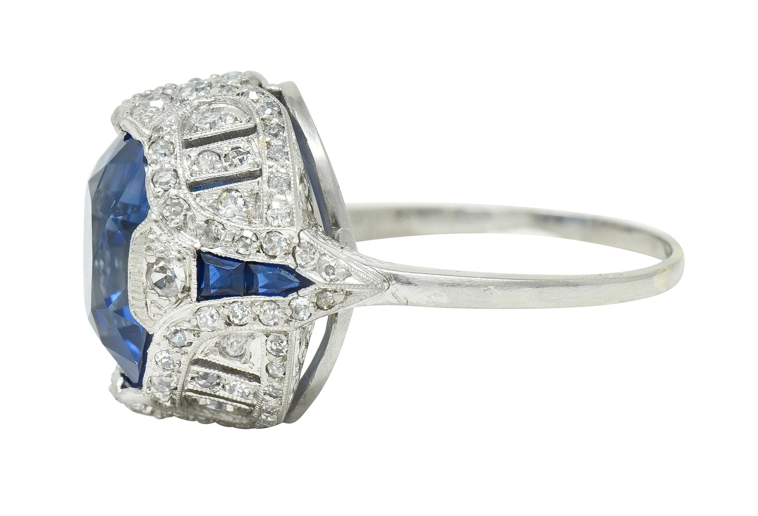 Art Deco 12.12 CTW No Heat Ceylon Sapphire Diamond Lotus Vintage Cocktail Ring AGL