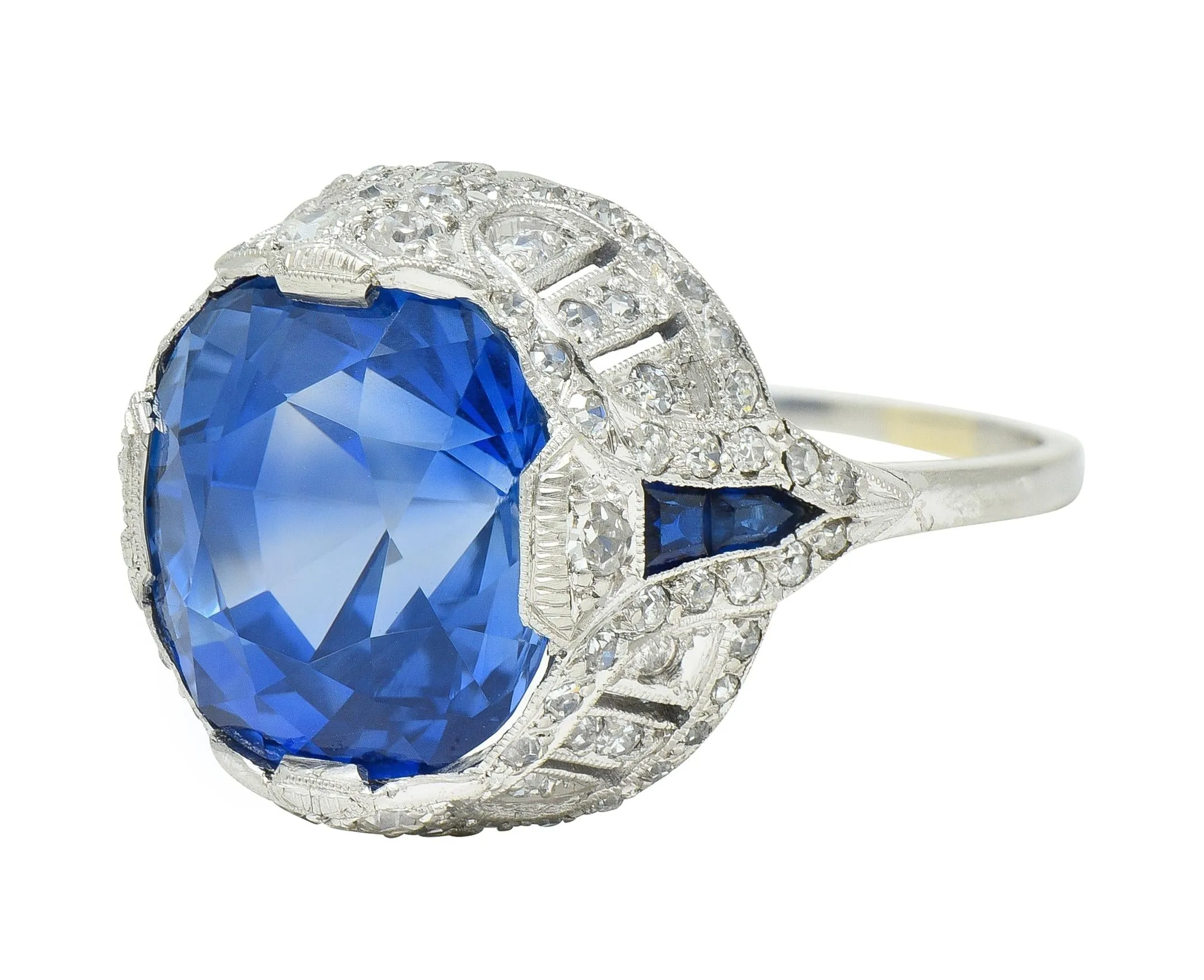 Art Deco 12.12 CTW No Heat Ceylon Sapphire Diamond Lotus Vintage Cocktail Ring AGL