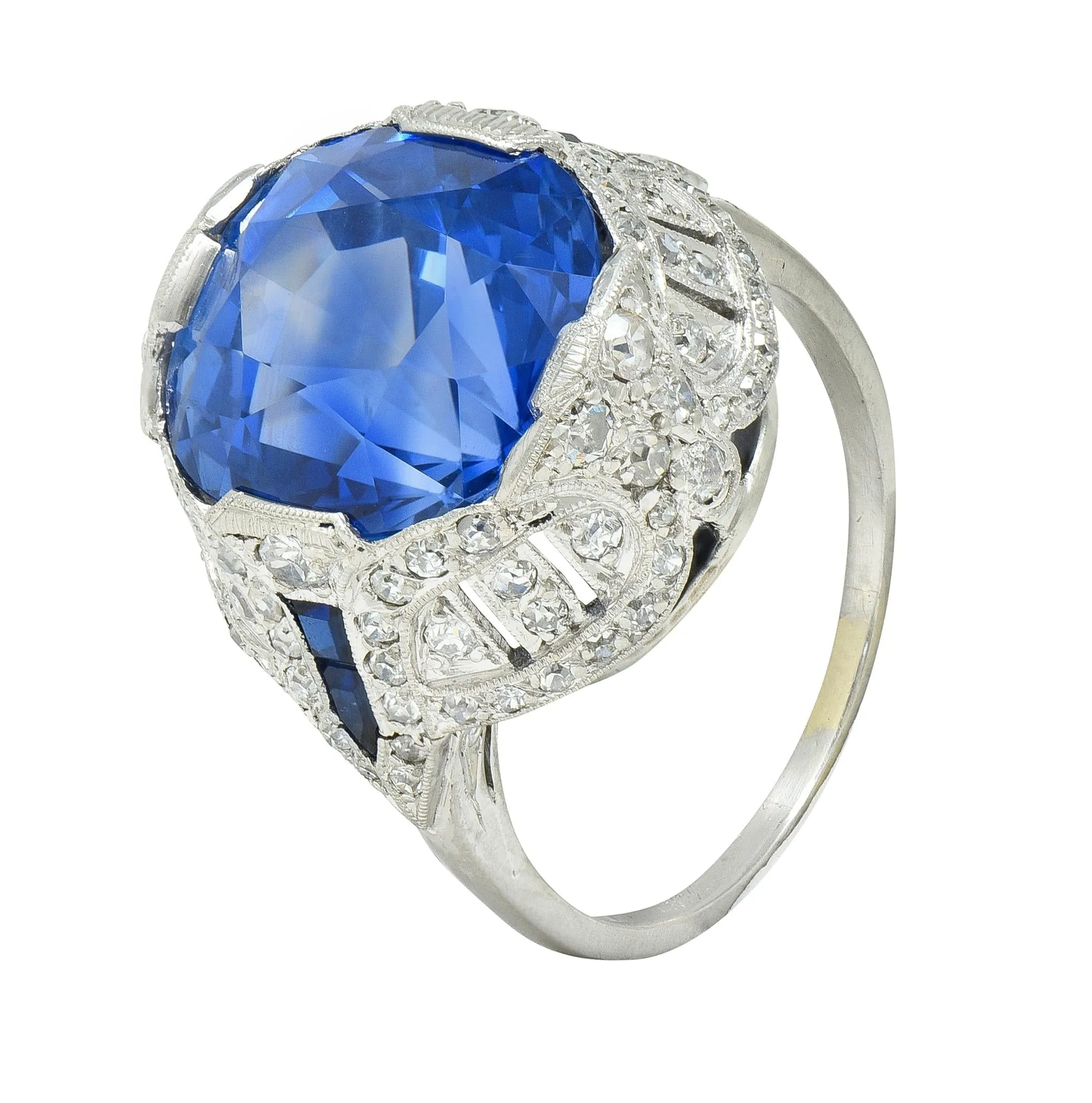 Art Deco 12.12 CTW No Heat Ceylon Sapphire Diamond Lotus Vintage Cocktail Ring AGL