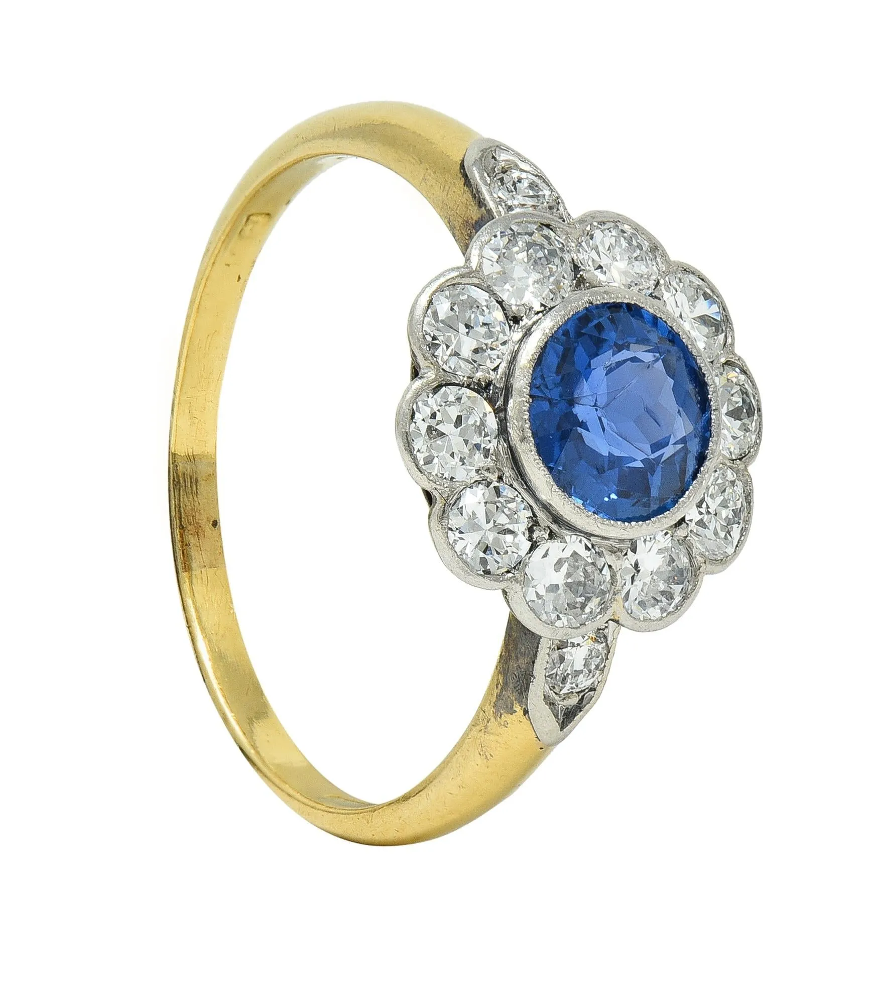 Art Deco 1.86 CTW No Heat Burma Sapphire Diamond Platinum 14 Karat Gold Halo Ring