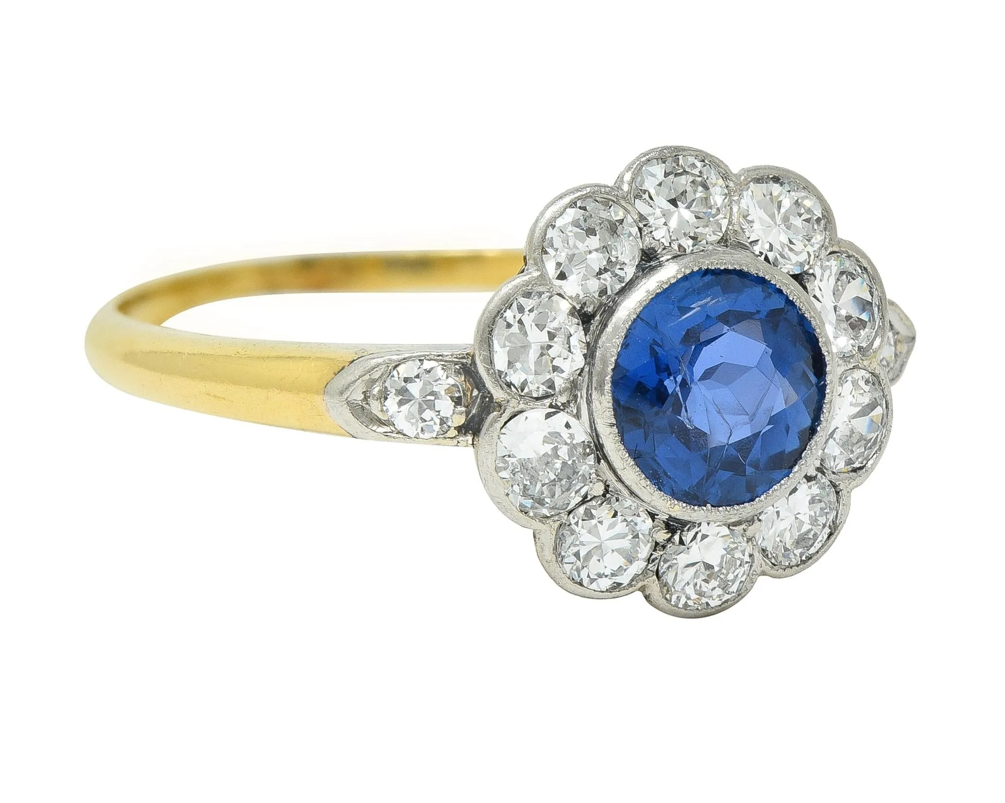 Art Deco 1.86 CTW No Heat Burma Sapphire Diamond Platinum 14 Karat Gold Halo Ring