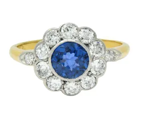 Art Deco 1.86 CTW No Heat Burma Sapphire Diamond Platinum 14 Karat Gold Halo Ring