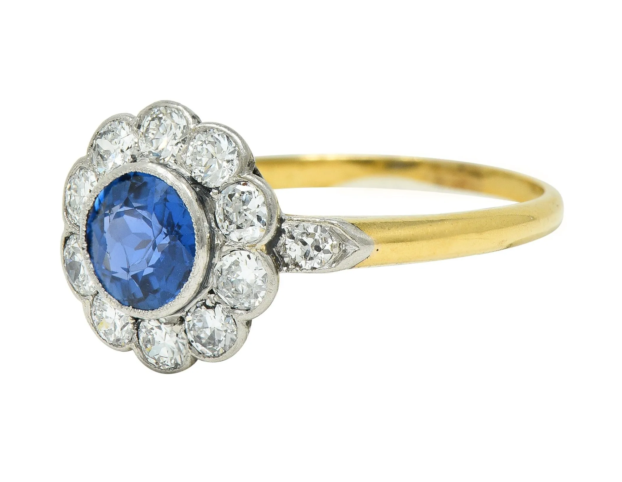 Art Deco 1.86 CTW No Heat Burma Sapphire Diamond Platinum 14 Karat Gold Halo Ring