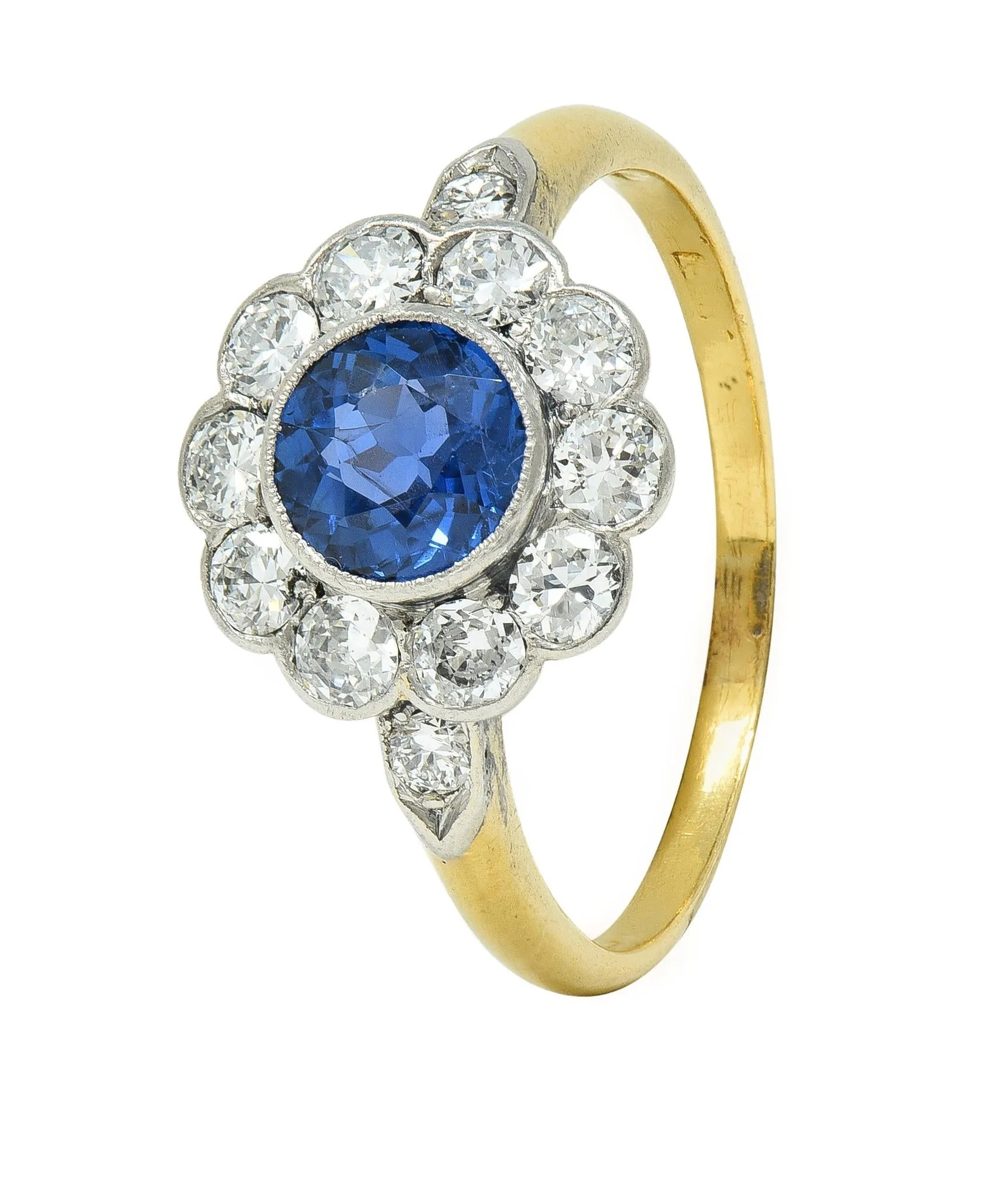 Art Deco 1.86 CTW No Heat Burma Sapphire Diamond Platinum 14 Karat Gold Halo Ring