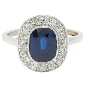 Art Deco 2.85 CTW No Heat Sapphire Diamond Platinum Antique Scroll Halo Ring GIA