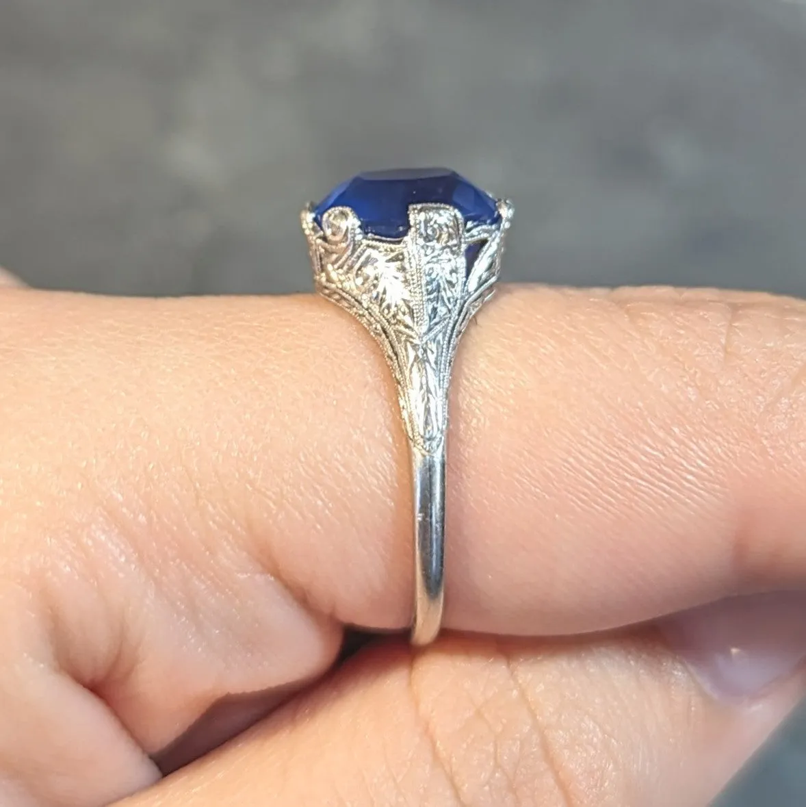 Art Deco 4.43 CTW No Heat Ceylon Sapphire Platinum Foliate Vintage Ring GIA