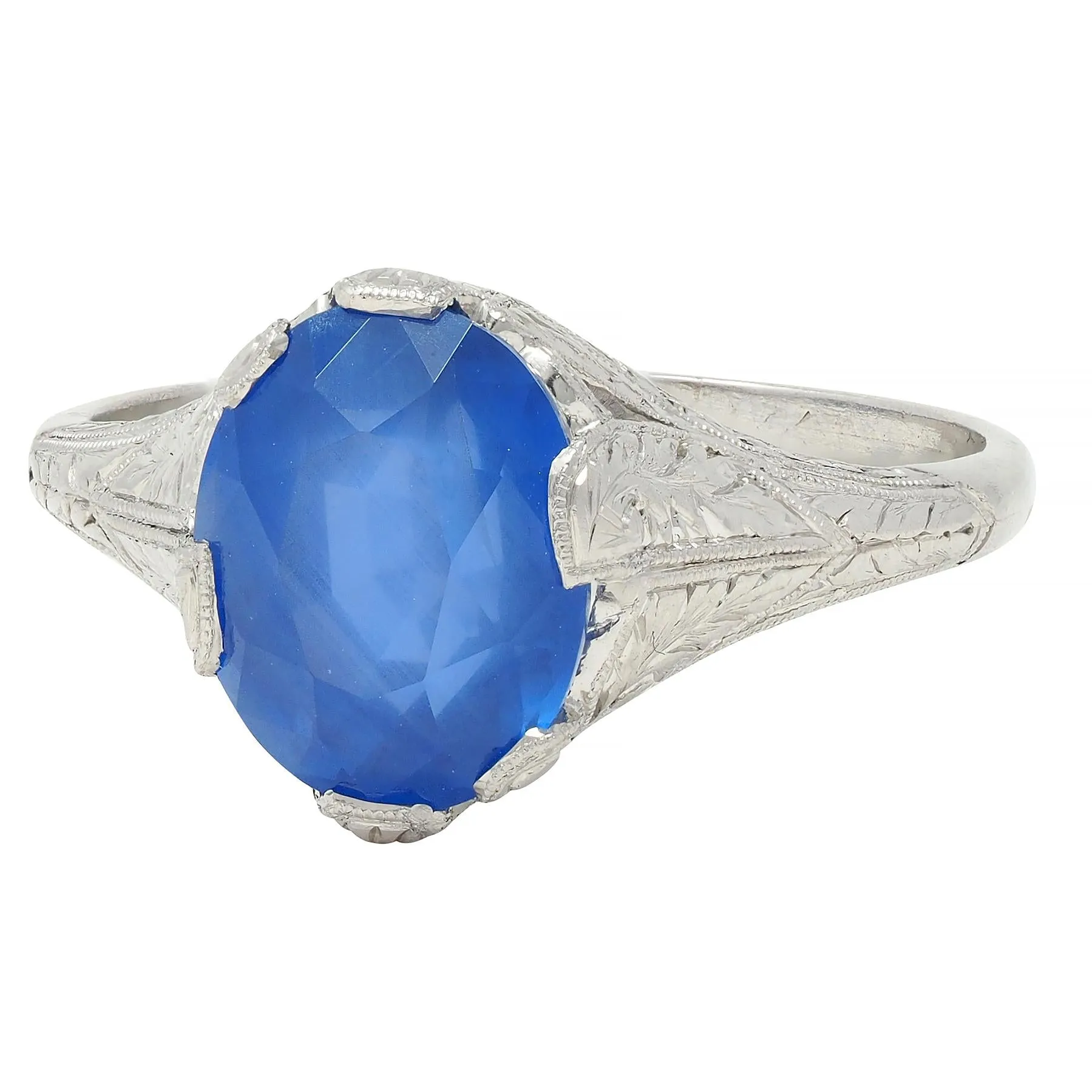 Art Deco 4.43 CTW No Heat Ceylon Sapphire Platinum Foliate Vintage Ring GIA