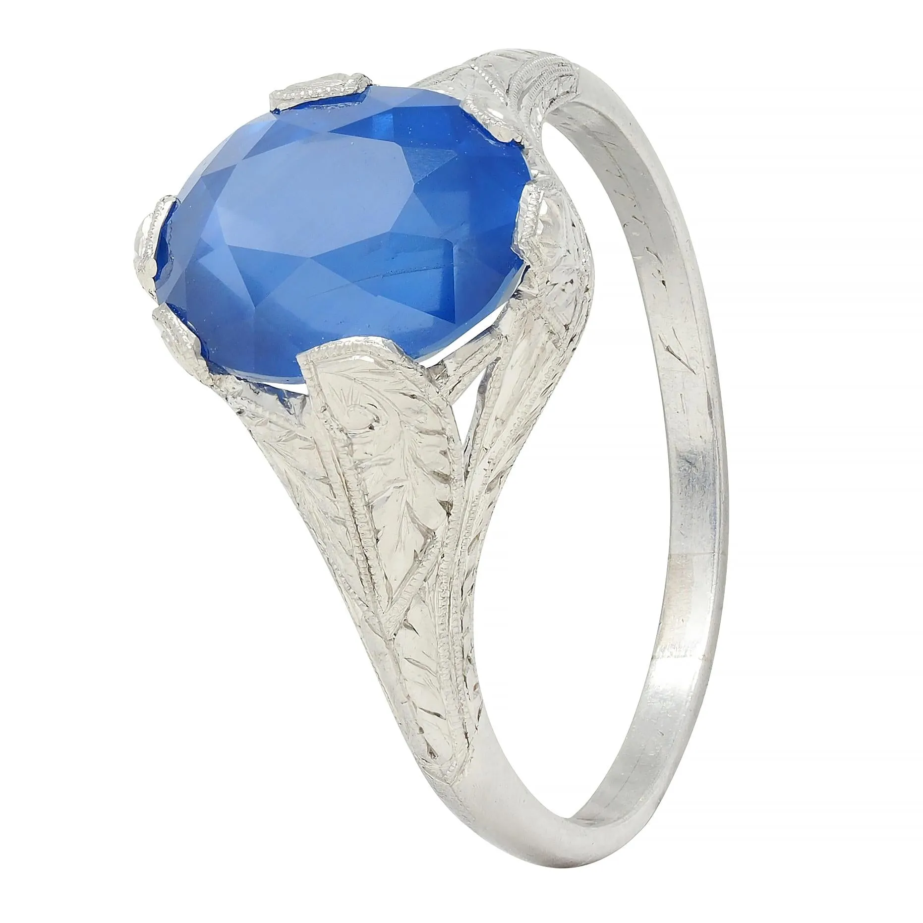 Art Deco 4.43 CTW No Heat Ceylon Sapphire Platinum Foliate Vintage Ring GIA