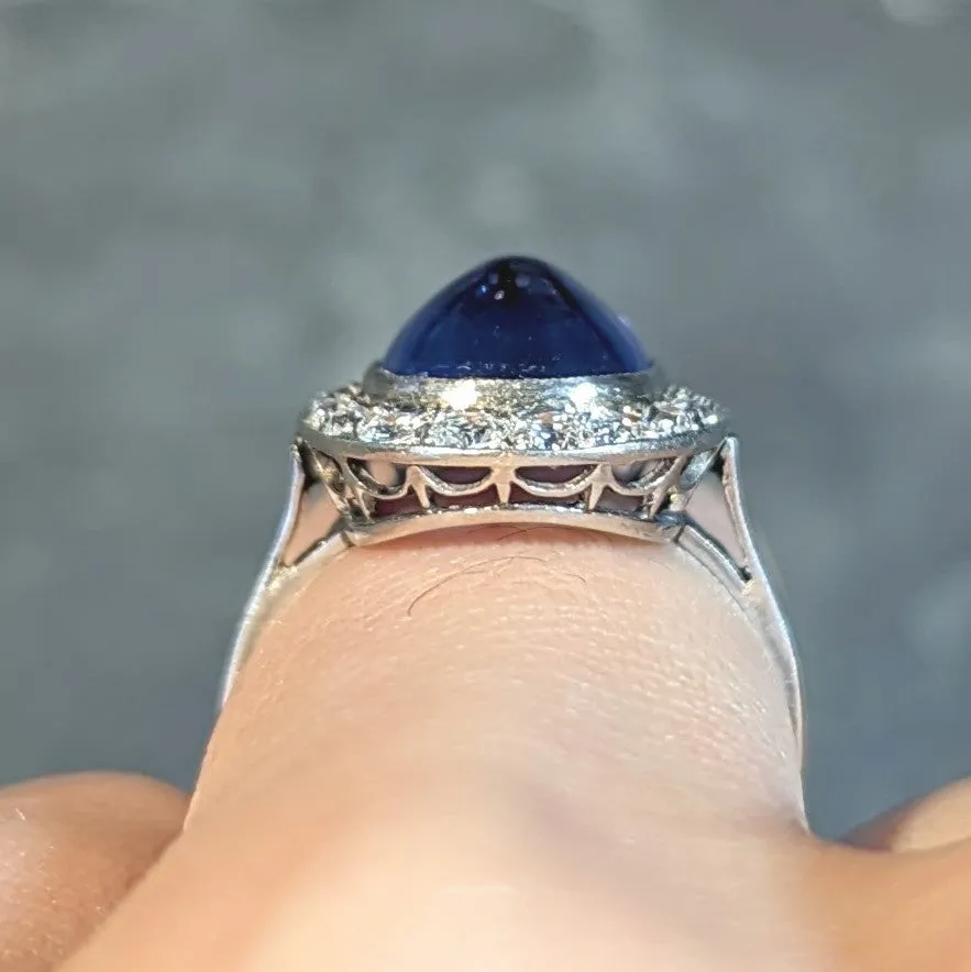 Art Deco 6.32 CTW No Heat Burma Sapphire Diamond Platinum Halo Ring AGL