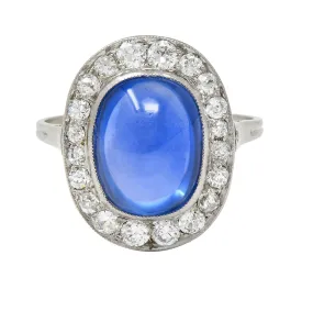 Art Deco 6.32 CTW No Heat Burma Sapphire Diamond Platinum Halo Ring AGL