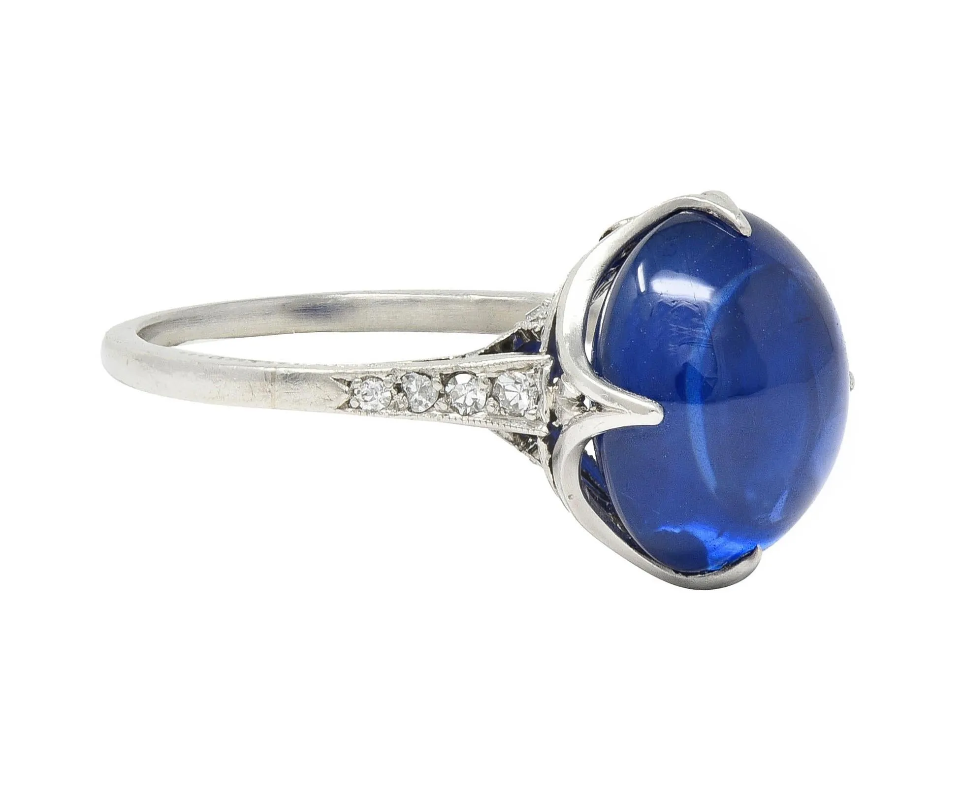 Art Deco 7.25 CTW No Heat Ceylon Sapphire Cabochon Diamond Platinum Ribbon Antique Ring AGL