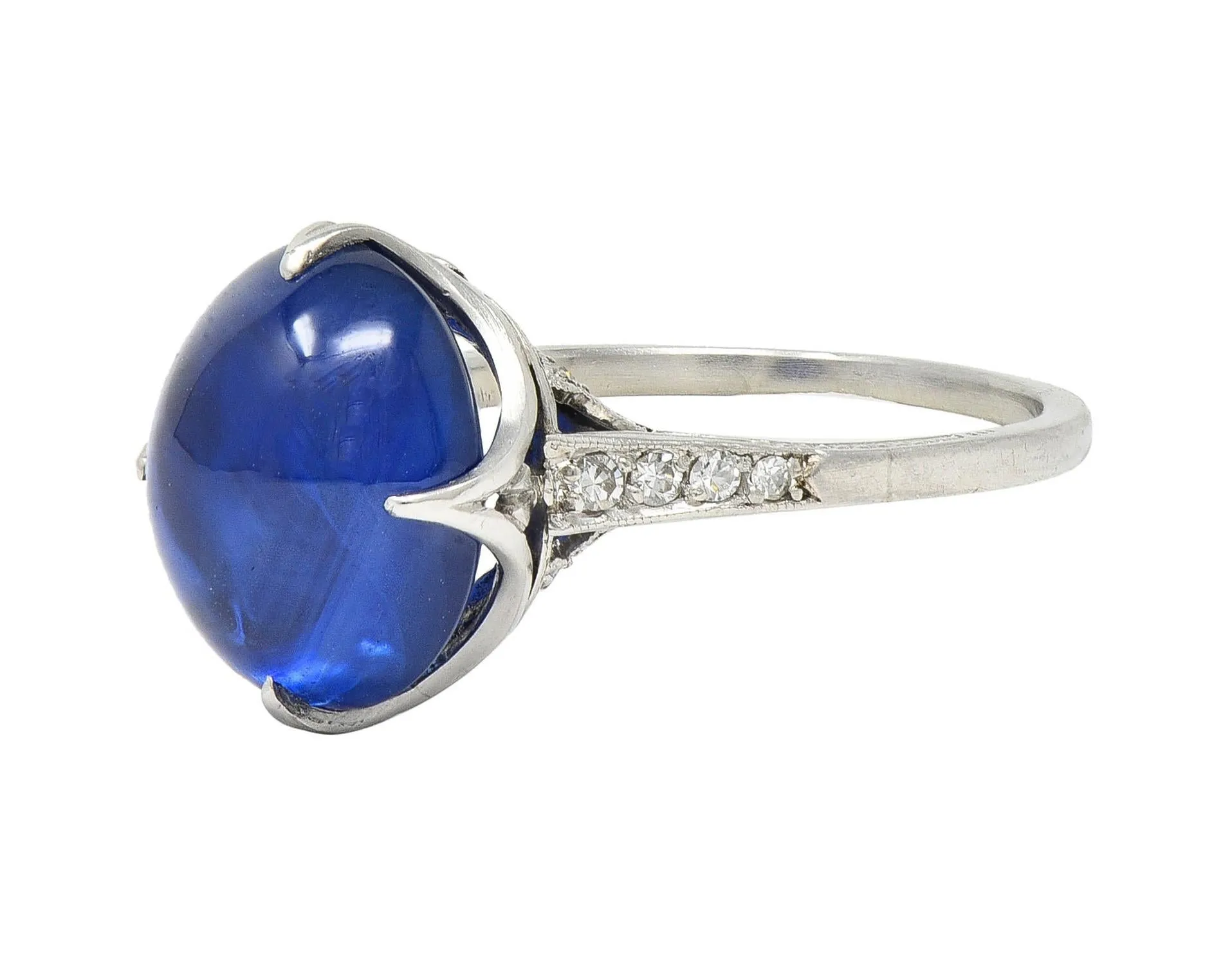 Art Deco 7.25 CTW No Heat Ceylon Sapphire Cabochon Diamond Platinum Ribbon Antique Ring AGL