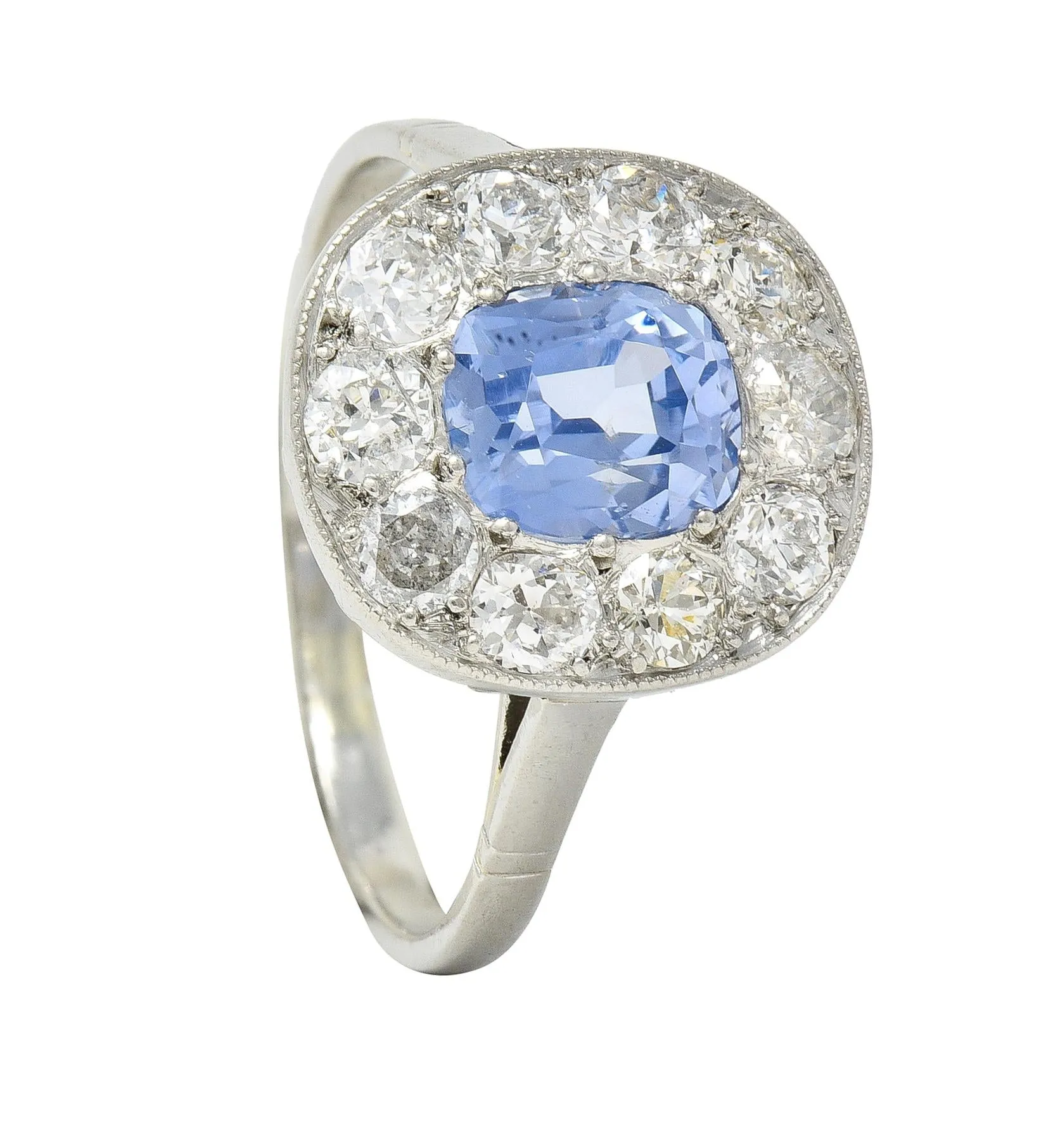 Art Deco French 2.18 CTW No Heat Ceylon Sapphire Diamond Platinum Vintage Halo Ring GIA