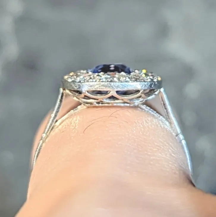 Art Deco French 2.18 CTW No Heat Ceylon Sapphire Diamond Platinum Vintage Halo Ring GIA