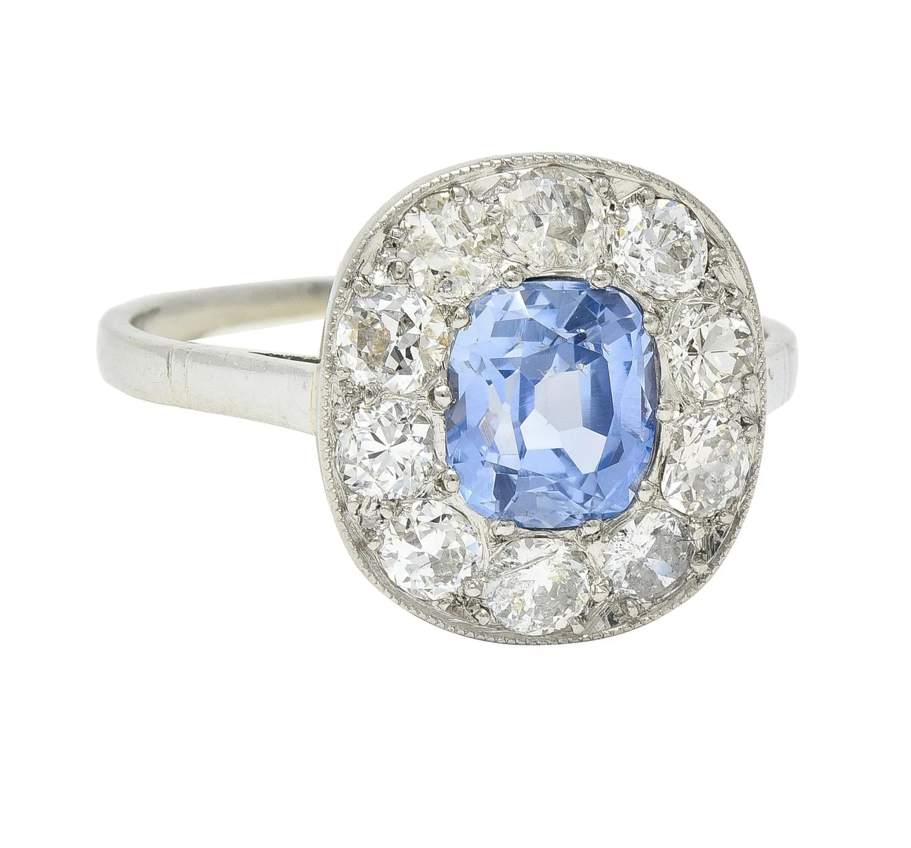 Art Deco French 2.18 CTW No Heat Ceylon Sapphire Diamond Platinum Vintage Halo Ring GIA