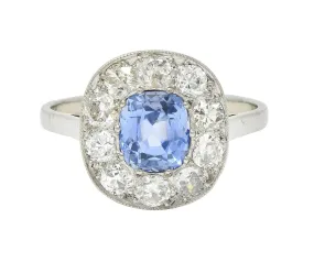 Art Deco French 2.18 CTW No Heat Ceylon Sapphire Diamond Platinum Vintage Halo Ring GIA