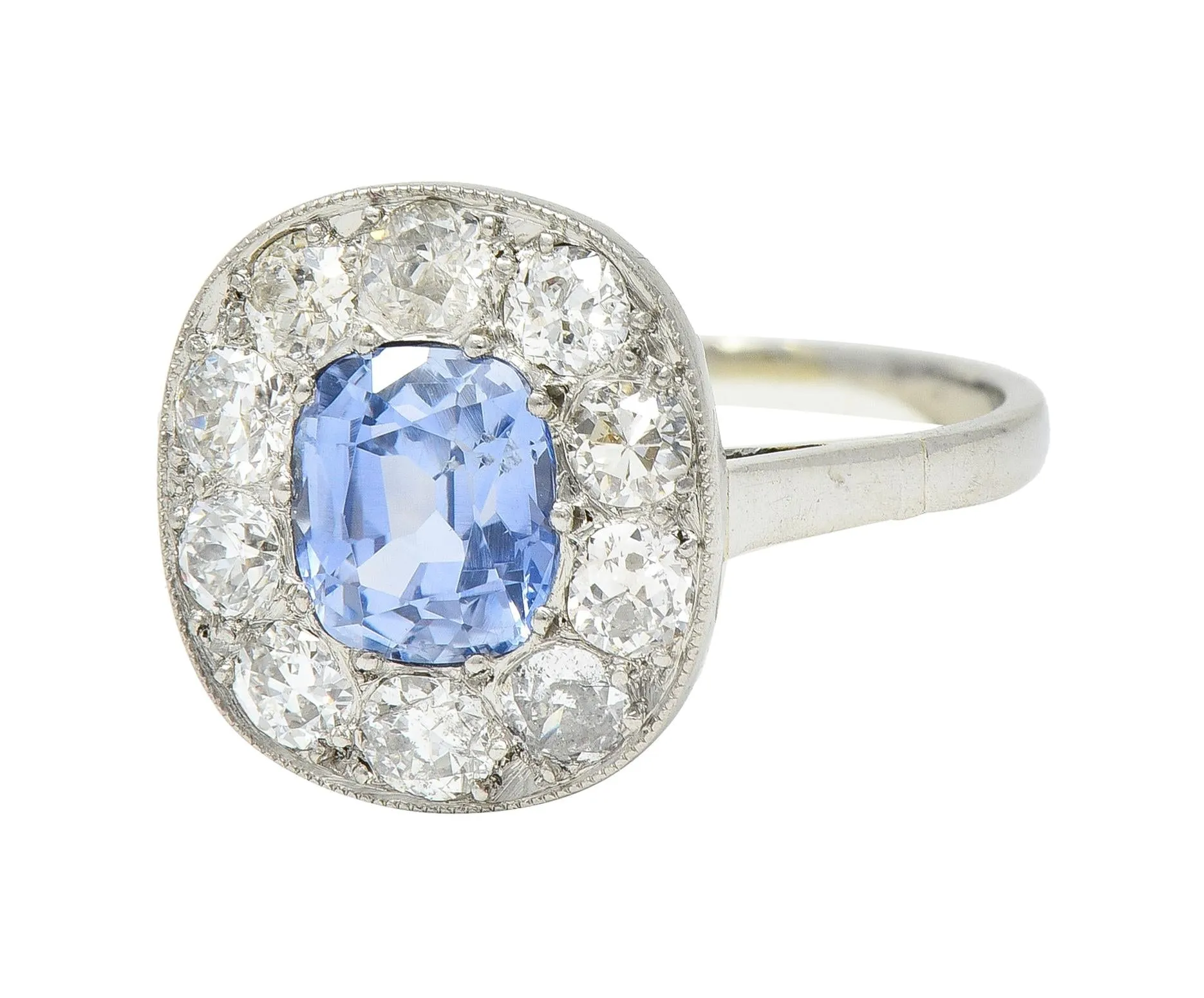 Art Deco French 2.18 CTW No Heat Ceylon Sapphire Diamond Platinum Vintage Halo Ring GIA