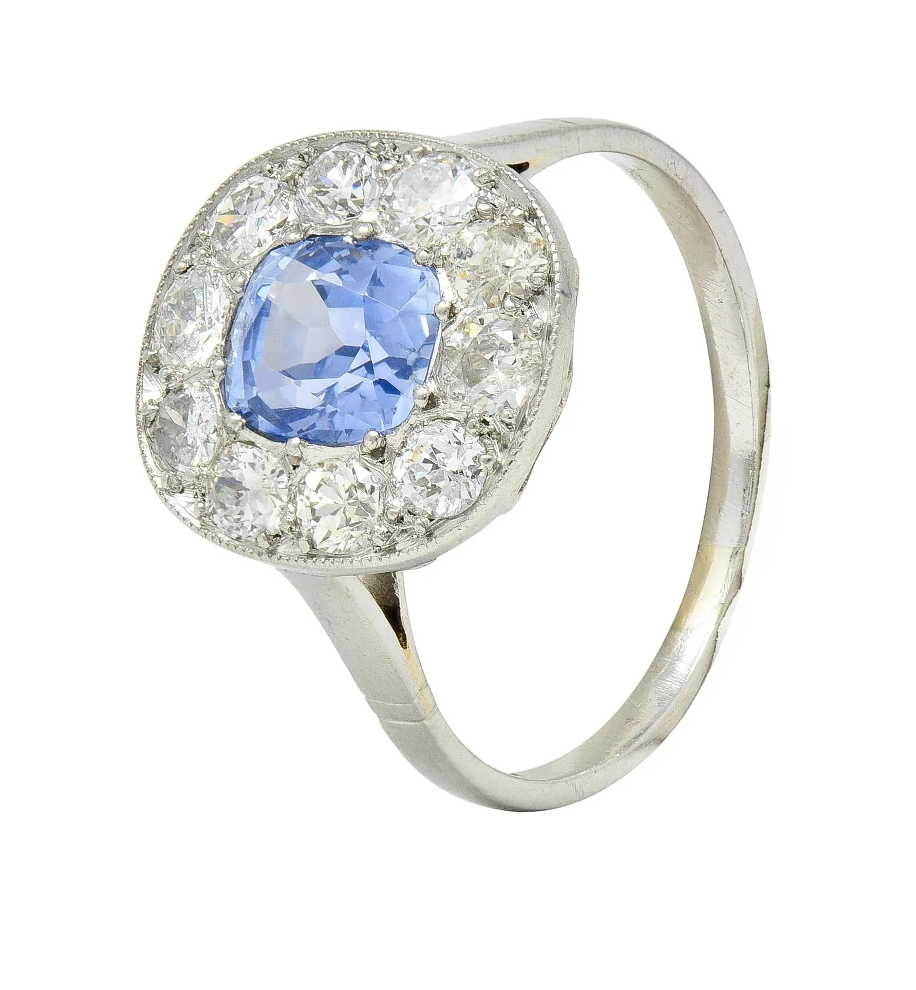 Art Deco French 2.18 CTW No Heat Ceylon Sapphire Diamond Platinum Vintage Halo Ring GIA