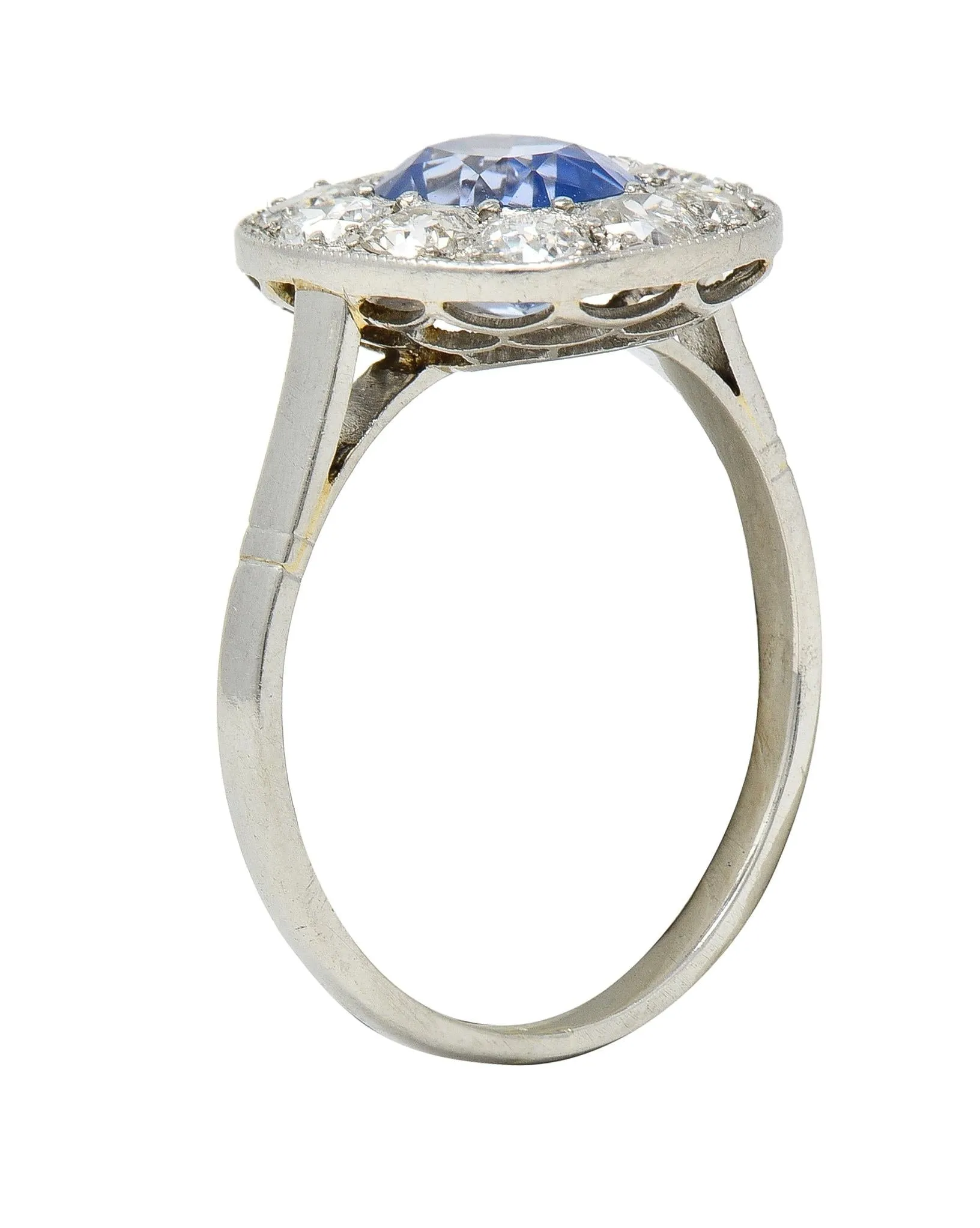 Art Deco French 2.18 CTW No Heat Ceylon Sapphire Diamond Platinum Vintage Halo Ring GIA