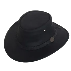 Barmah Full Grain Leather Foldaway Bronco Bush Hat in Black