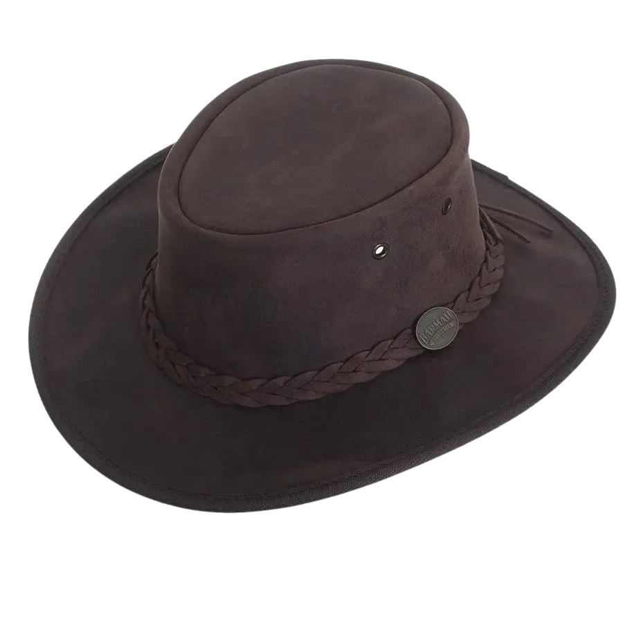 Barmah Full Grain Leather Foldaway Bronco Bush Hat in Dark Brown