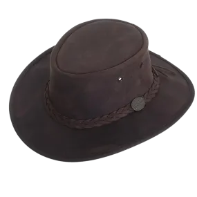 Barmah Full Grain Leather Foldaway Bronco Bush Hat in Dark Brown