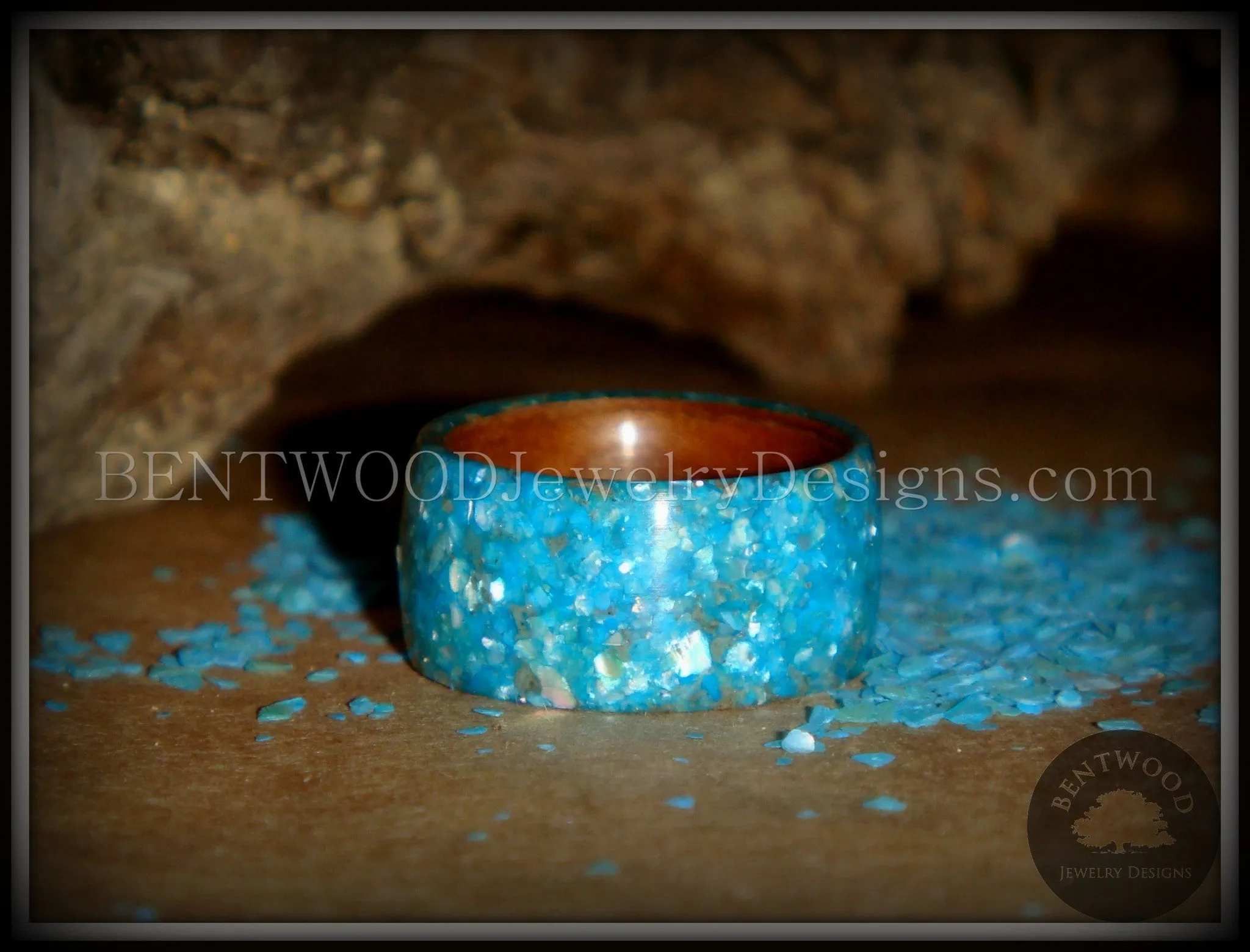 Bentwood Ring - Australian Red Gum Wood Ring with Full Turquoise Mother of Pearl Inlay