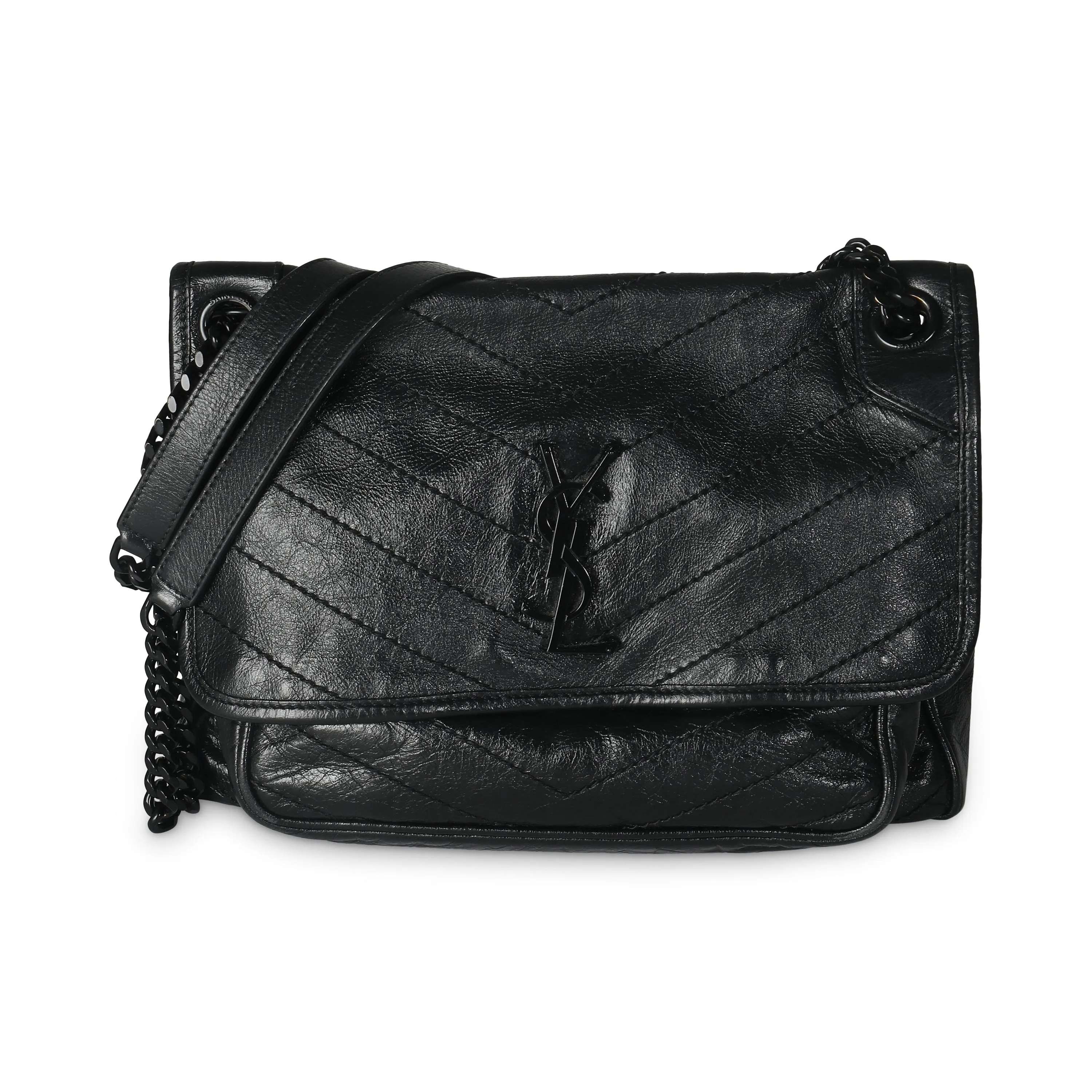 Black Matelassé Crinkled Calfskin Medium Niki Bag