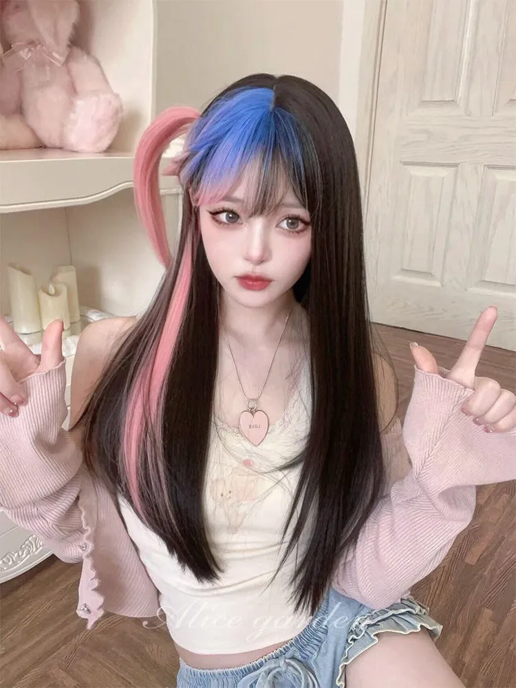 Casual Series Long Black Wig With Pink and Blue ON982