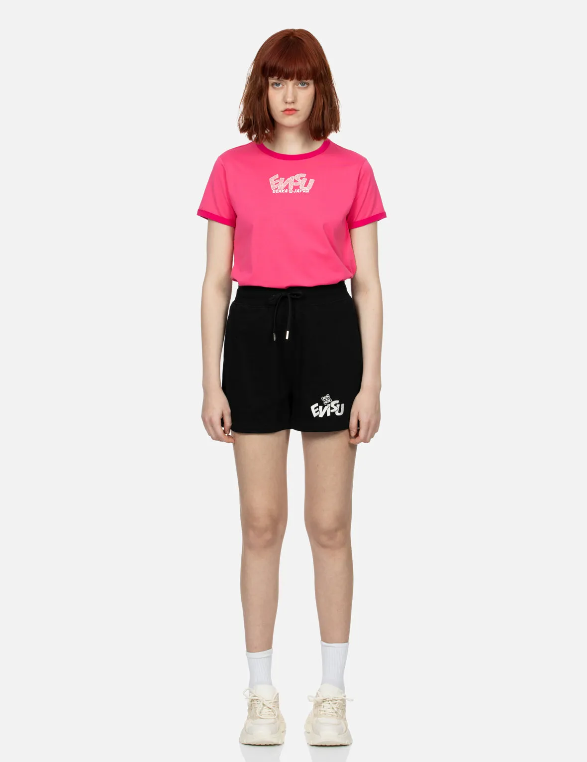 Color-blocking Daruma and Fortune Cat Daicock Print Loose Fit Sweat Shorts