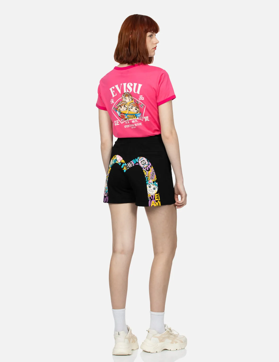 Color-blocking Daruma and Fortune Cat Daicock Print Loose Fit Sweat Shorts