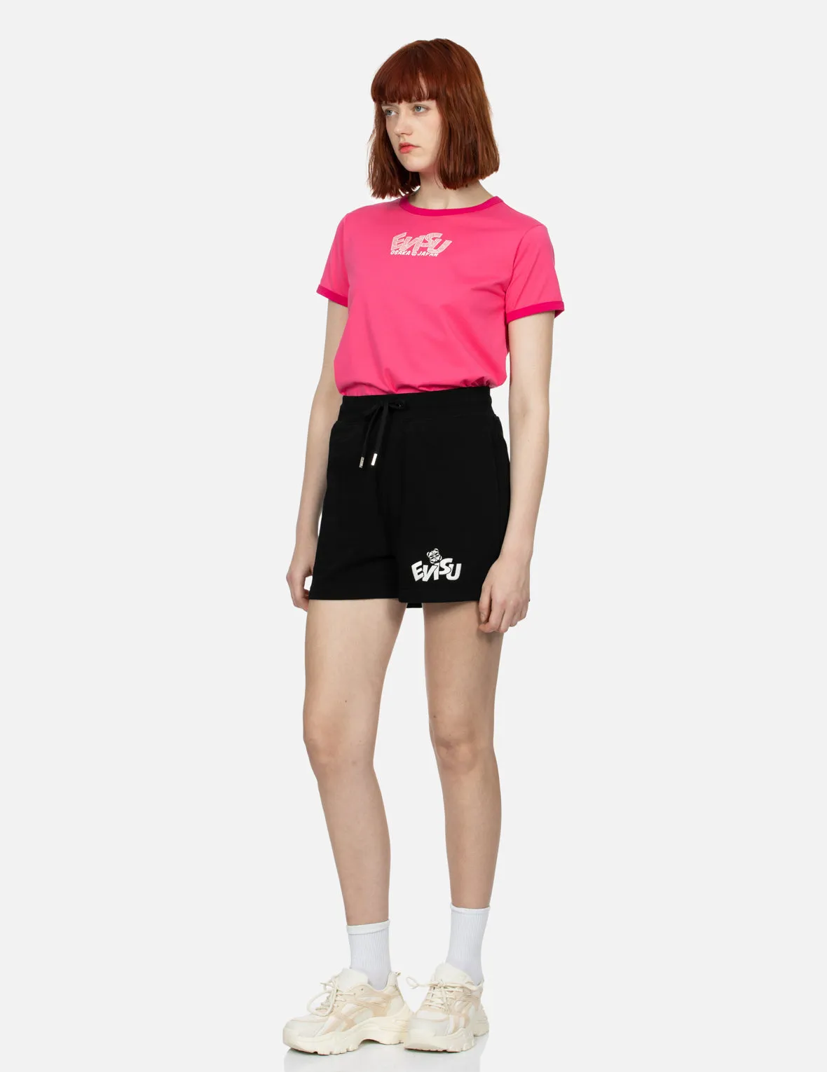 Color-blocking Daruma and Fortune Cat Daicock Print Loose Fit Sweat Shorts