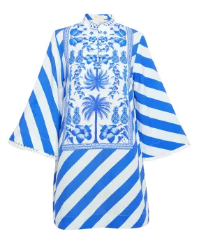 Draped Kaftan Mini Dress in Blue and White Azulejos Print