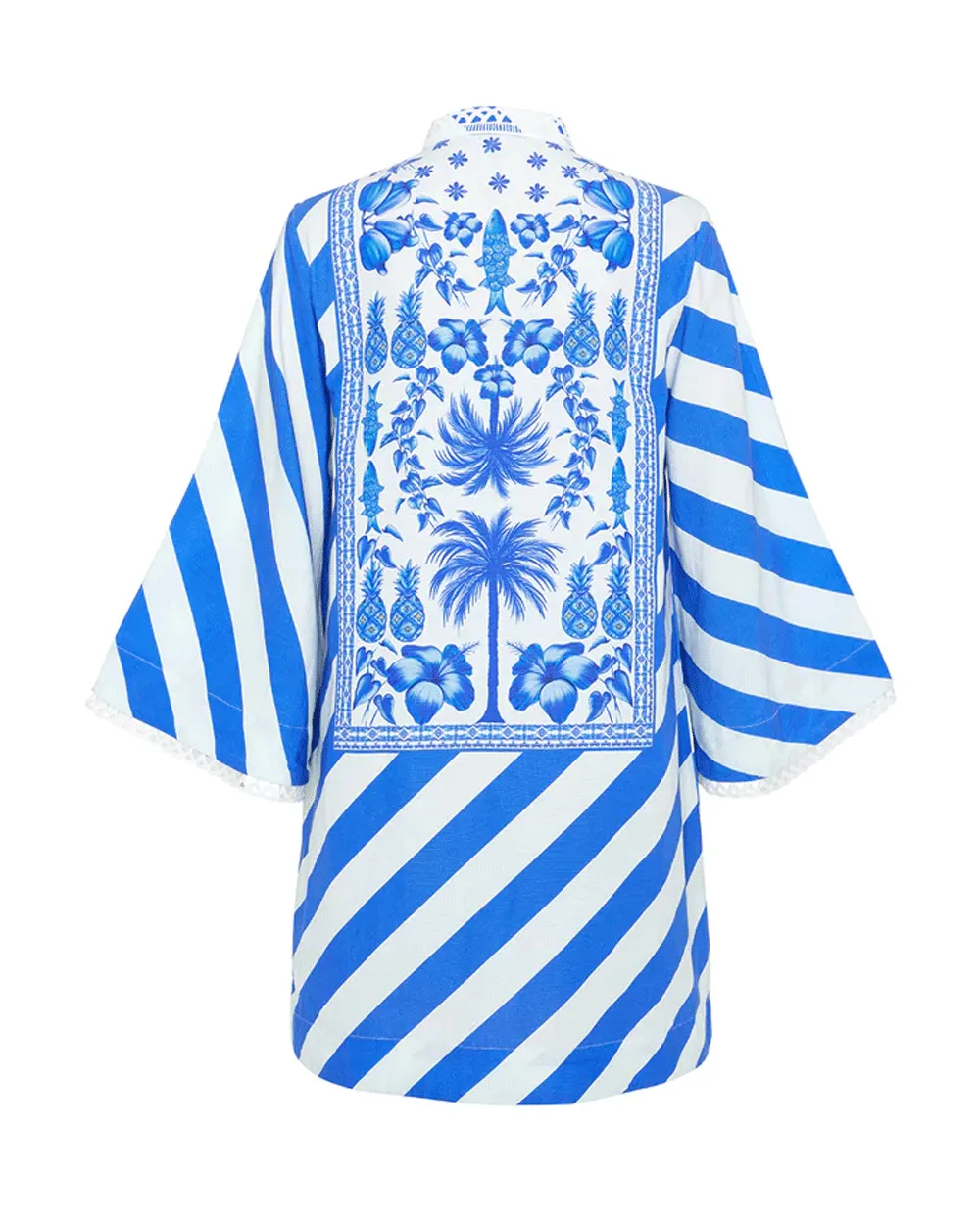 Draped Kaftan Mini Dress in Blue and White Azulejos Print