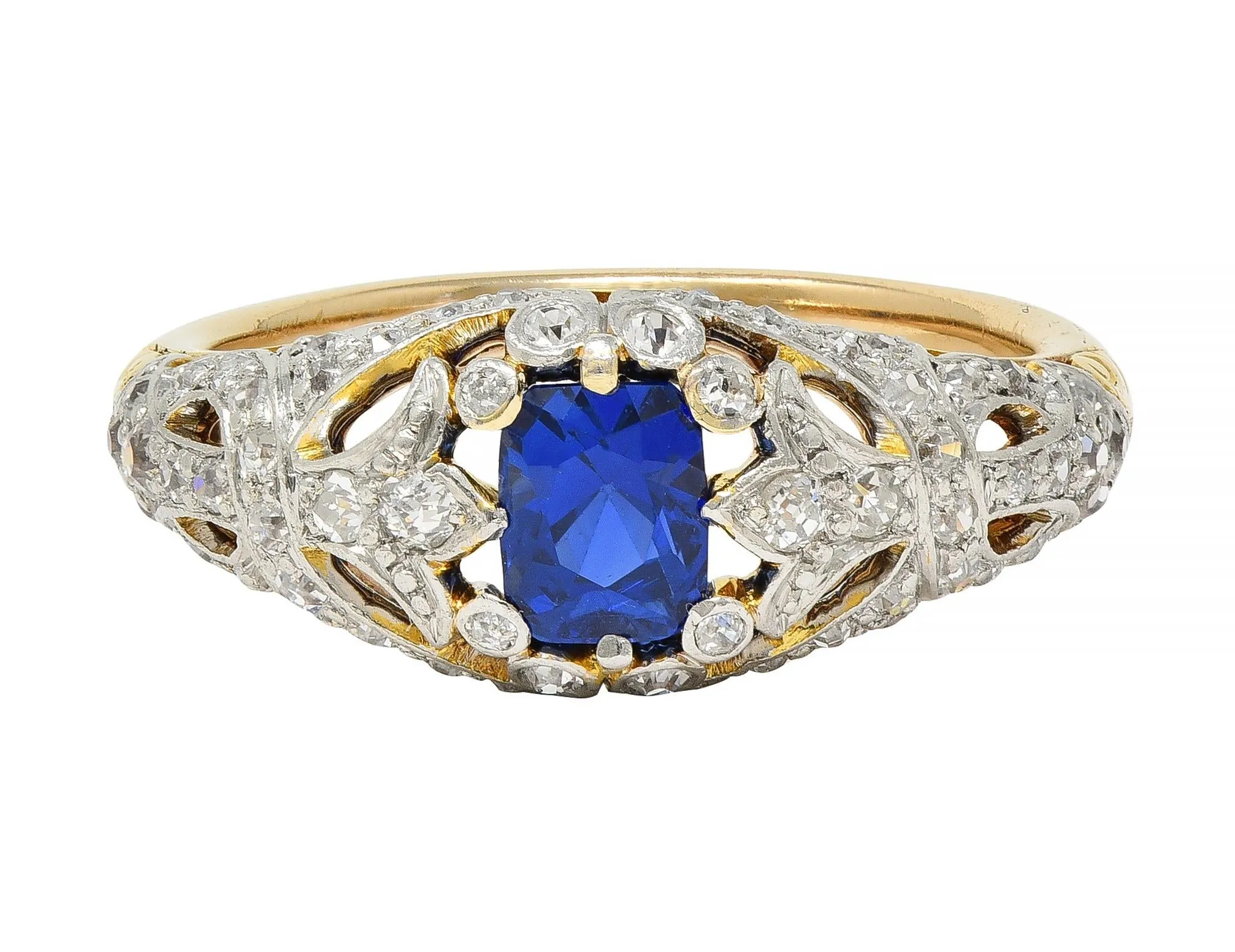 Edwardian 1.36 CTW No Heat Kashmir Sapphire Diamond Platinum 18 Karat Gold Fleur-De-Lis Antique Ring GIA