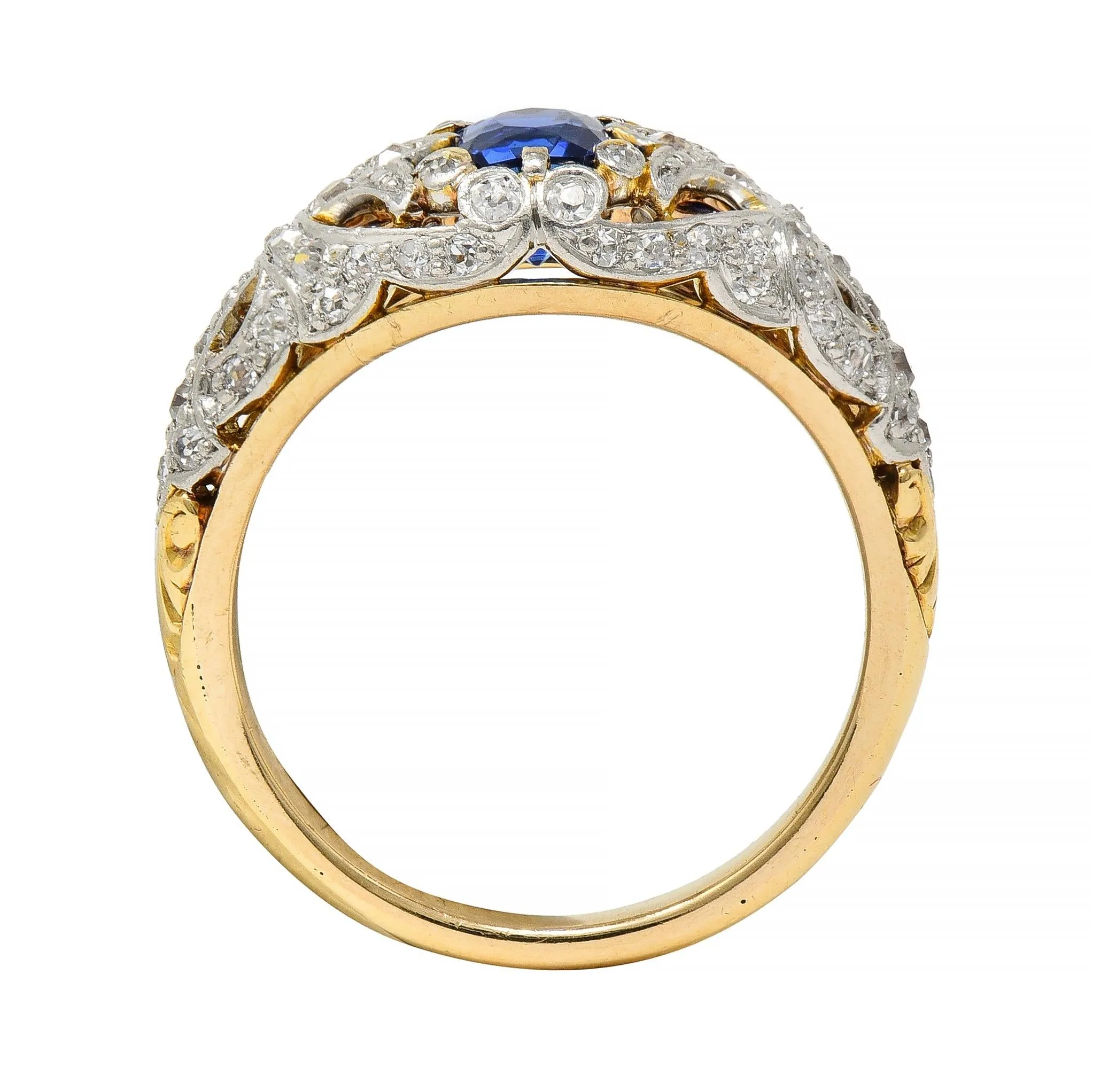 Edwardian 1.36 CTW No Heat Kashmir Sapphire Diamond Platinum 18 Karat Gold Fleur-De-Lis Antique Ring GIA