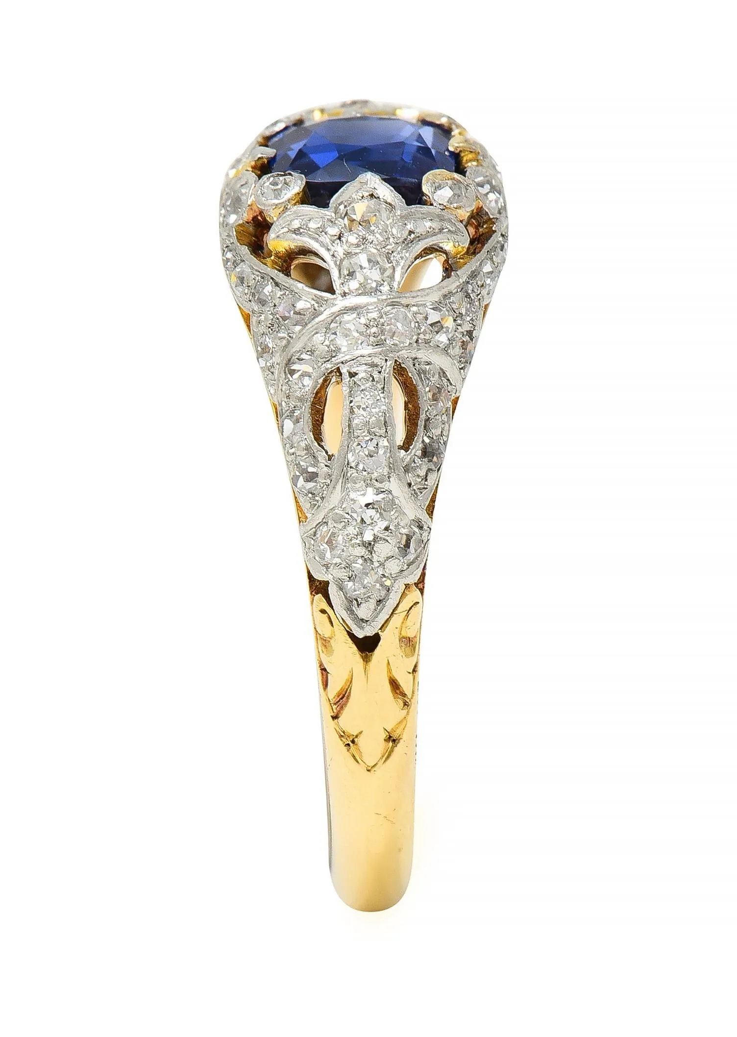 Edwardian 1.36 CTW No Heat Kashmir Sapphire Diamond Platinum 18 Karat Gold Fleur-De-Lis Antique Ring GIA