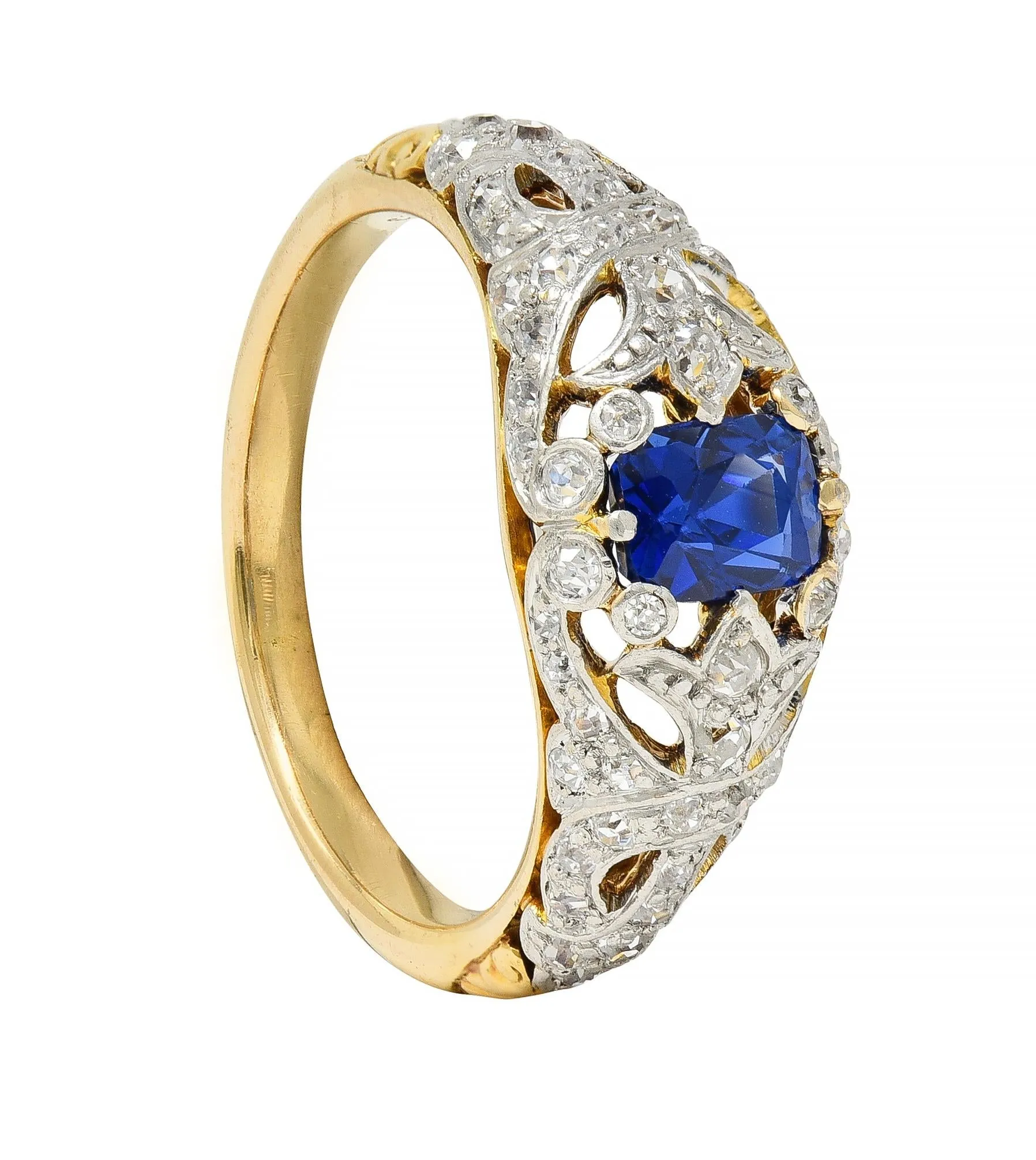 Edwardian 1.36 CTW No Heat Kashmir Sapphire Diamond Platinum 18 Karat Gold Fleur-De-Lis Antique Ring GIA