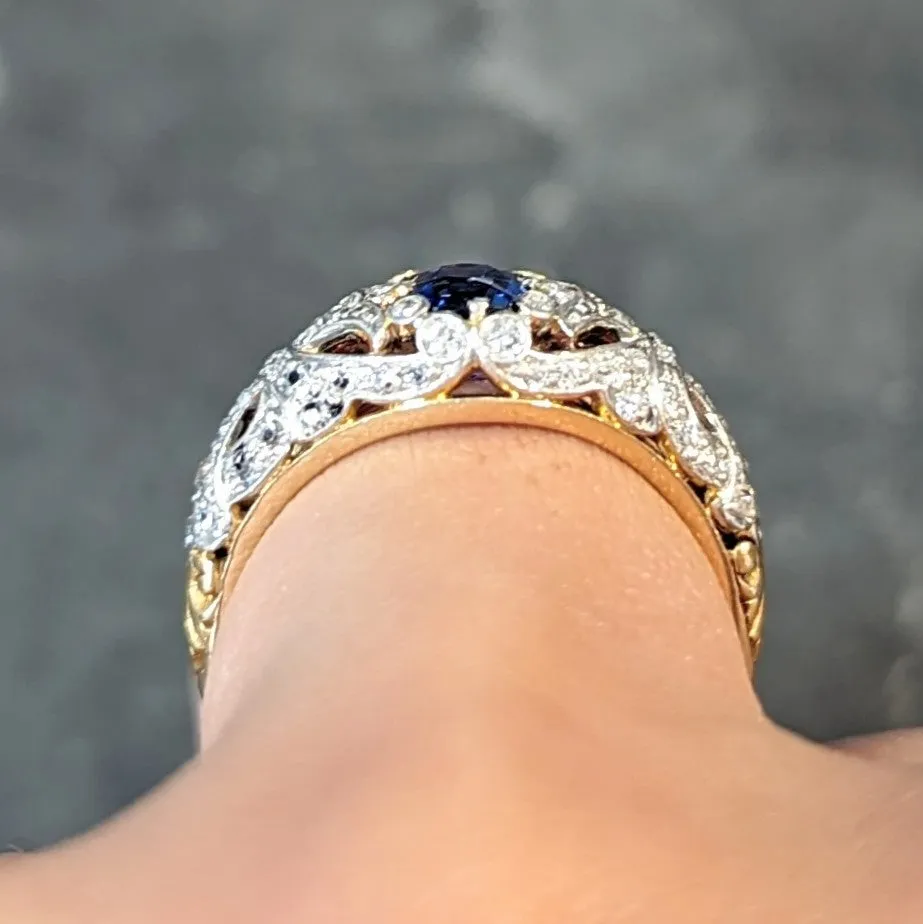 Edwardian 1.36 CTW No Heat Kashmir Sapphire Diamond Platinum 18 Karat Gold Fleur-De-Lis Antique Ring GIA