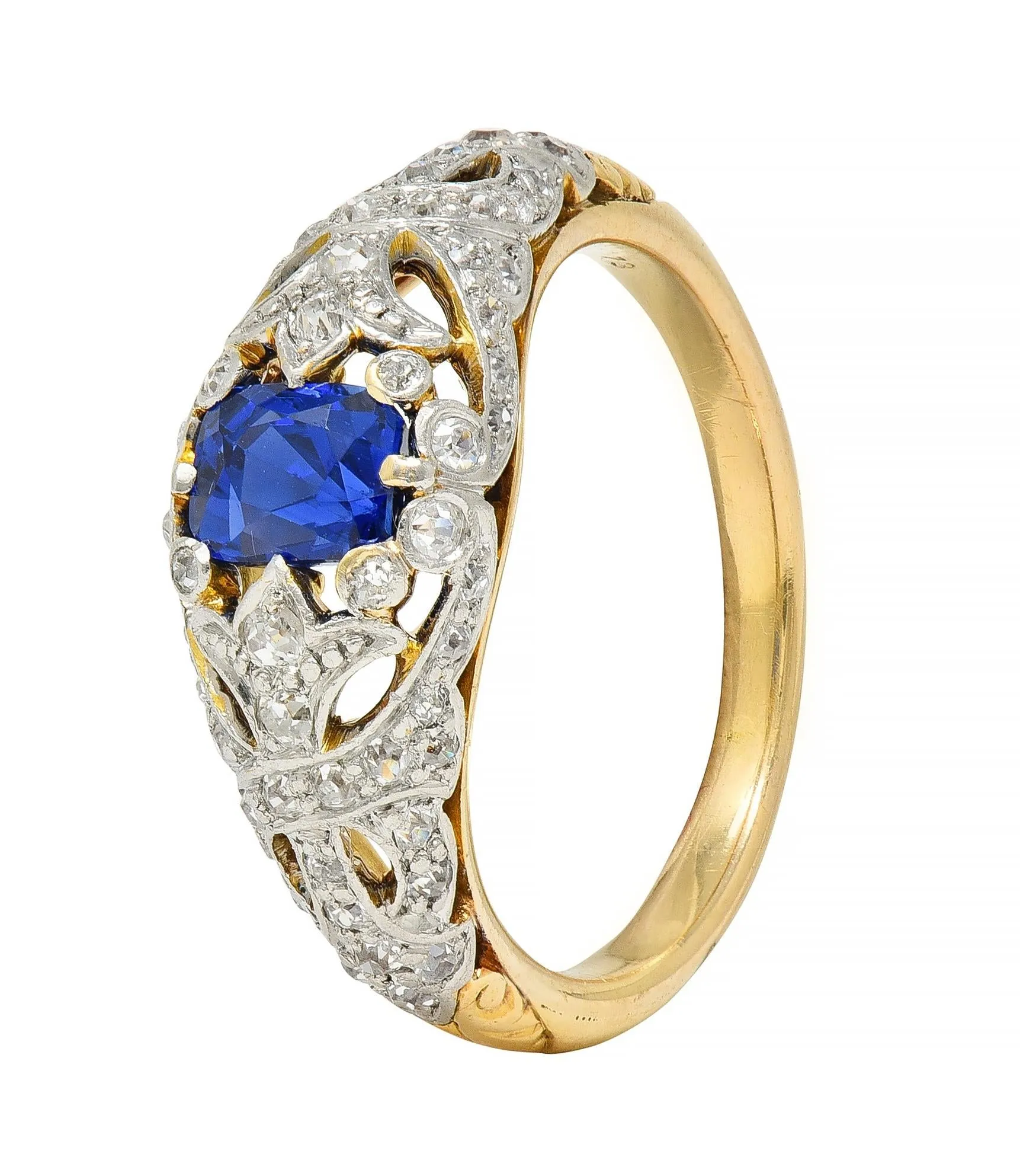 Edwardian 1.36 CTW No Heat Kashmir Sapphire Diamond Platinum 18 Karat Gold Fleur-De-Lis Antique Ring GIA