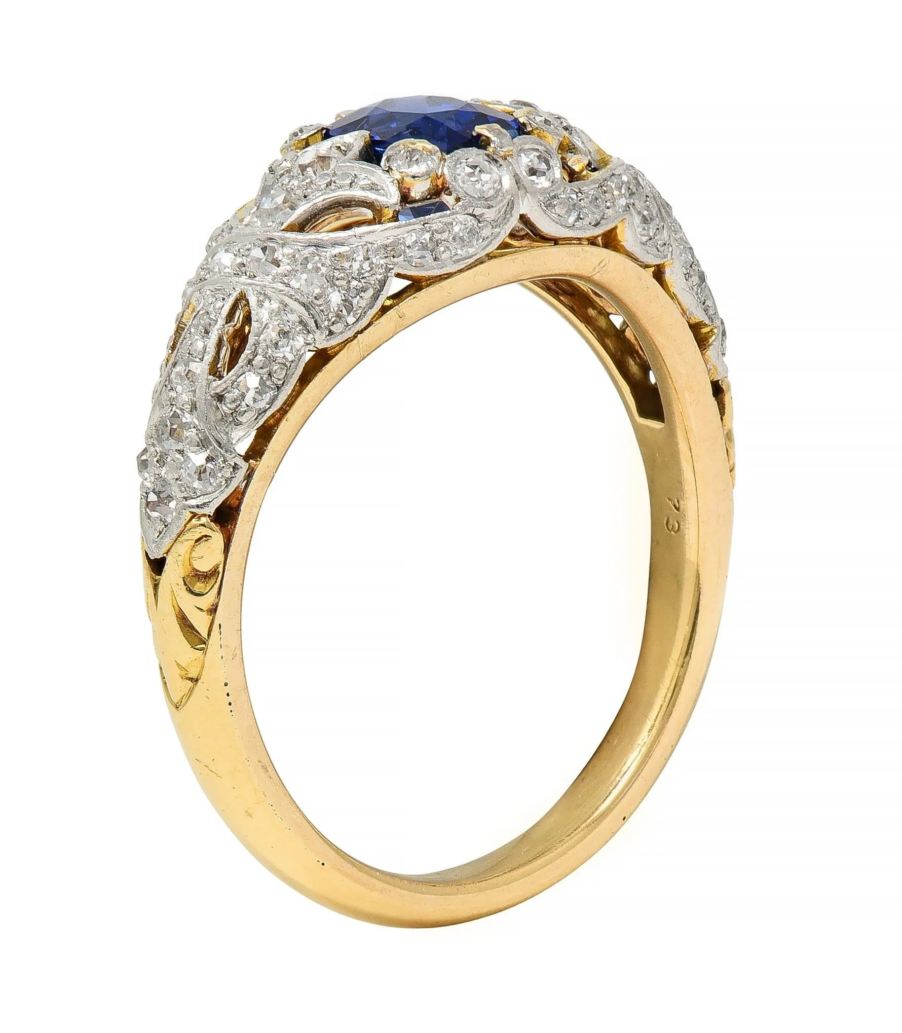 Edwardian 1.36 CTW No Heat Kashmir Sapphire Diamond Platinum 18 Karat Gold Fleur-De-Lis Antique Ring GIA