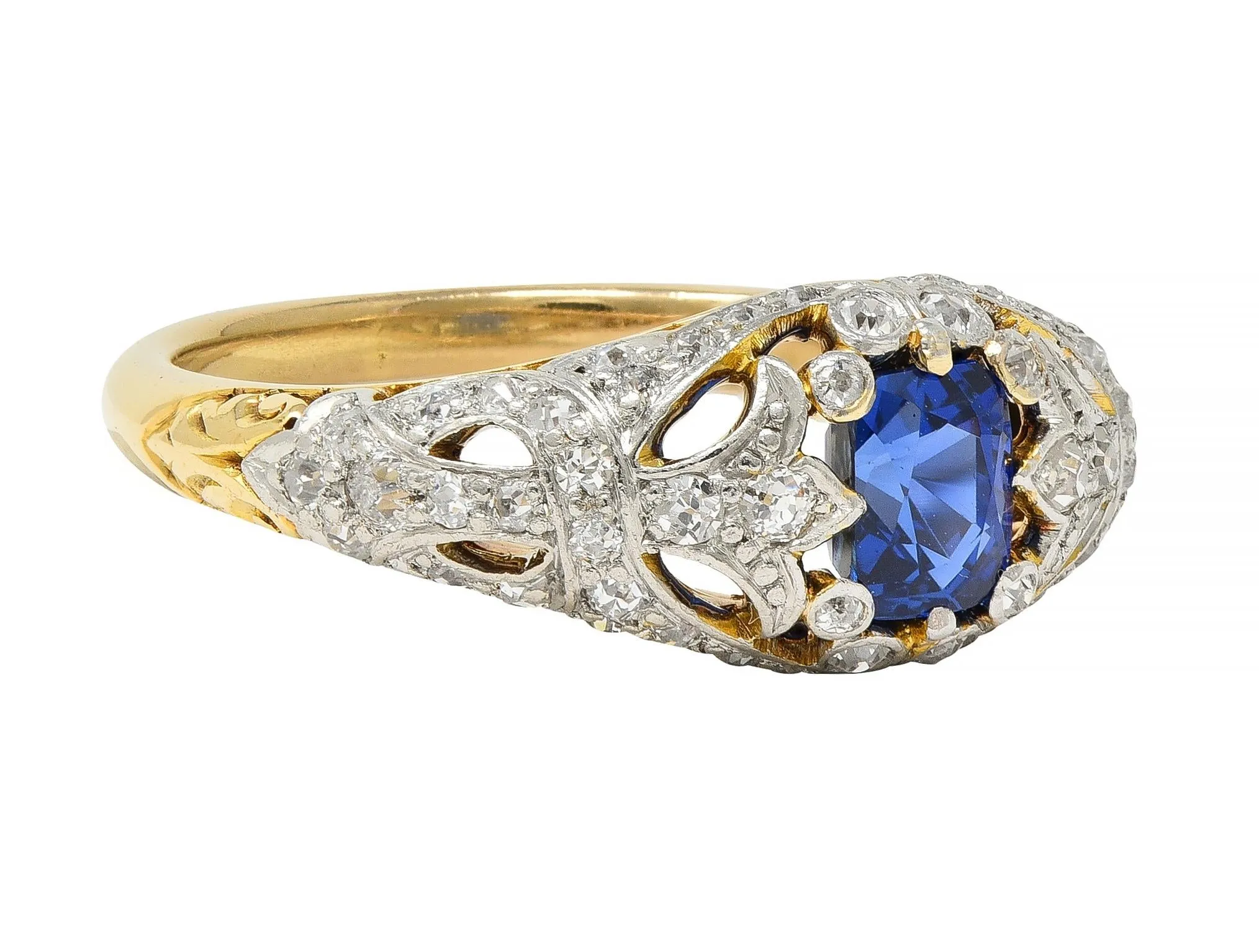 Edwardian 1.36 CTW No Heat Kashmir Sapphire Diamond Platinum 18 Karat Gold Fleur-De-Lis Antique Ring GIA